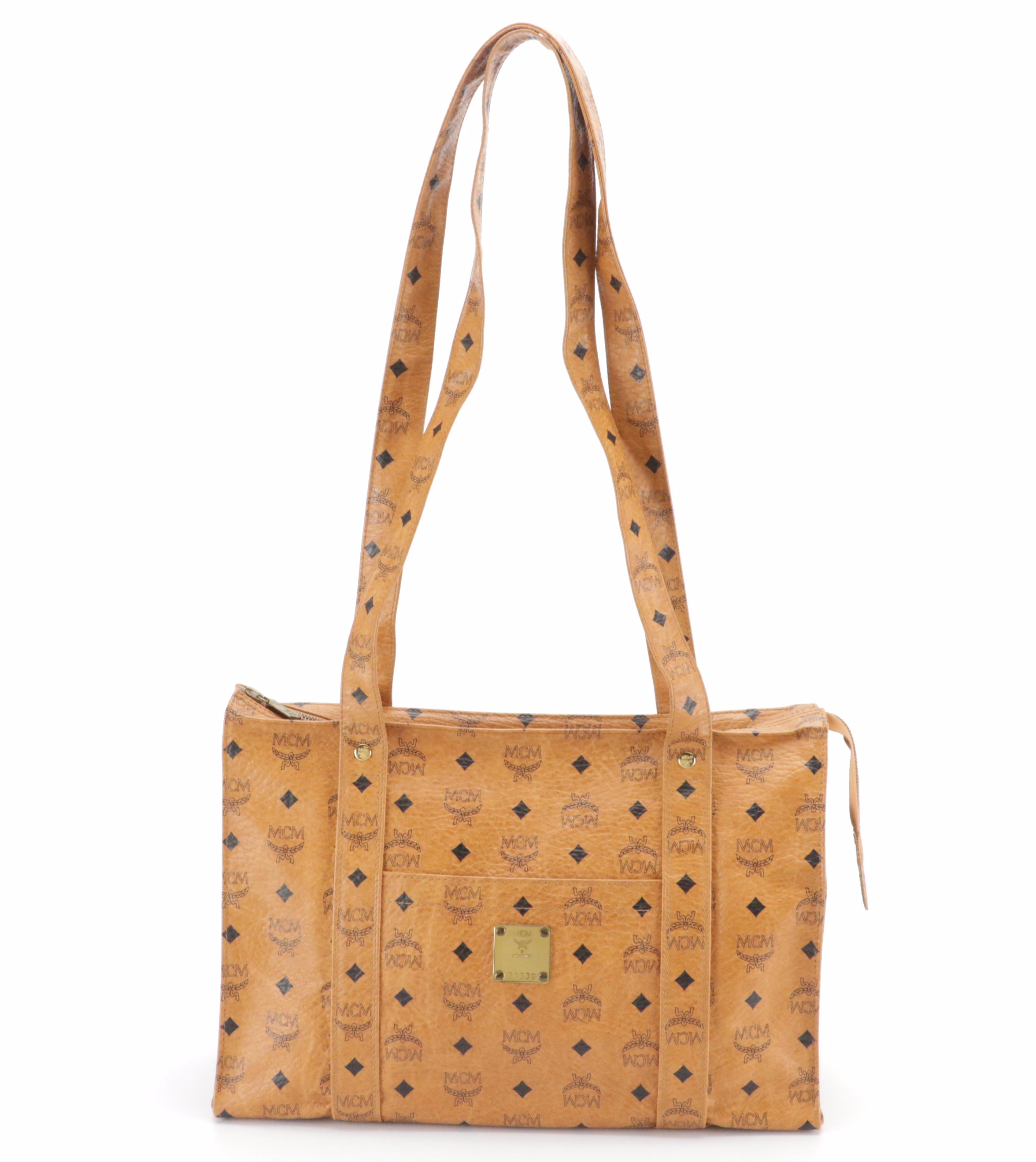MCM Long Handle Medium Tote Bag in Cognac Visetos Coated Canvas