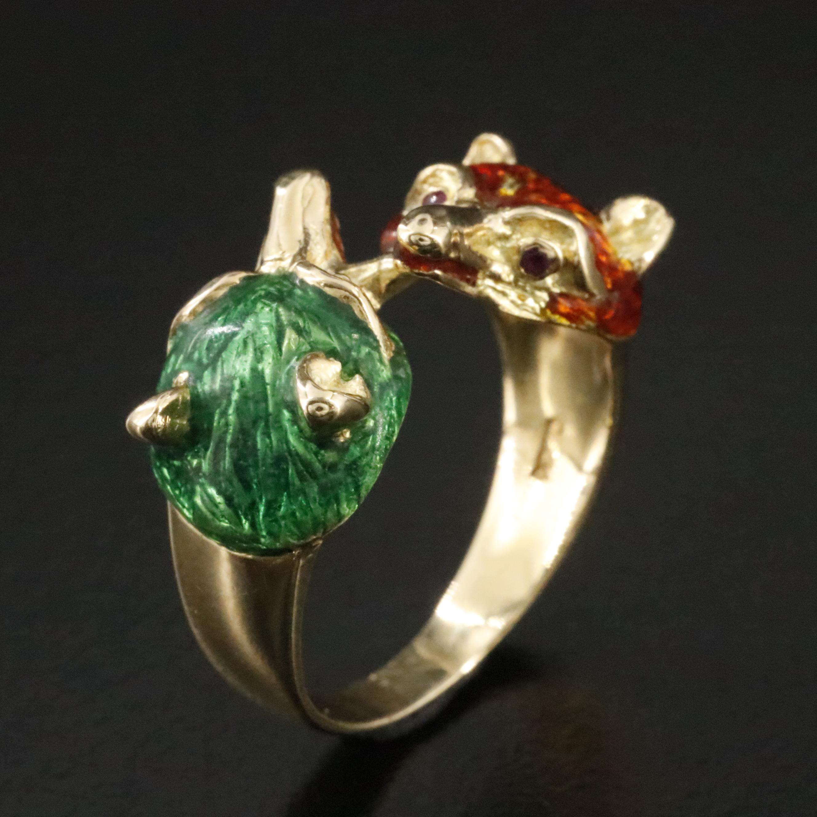 18K Enamel and Ruby Fox Bypass Ring