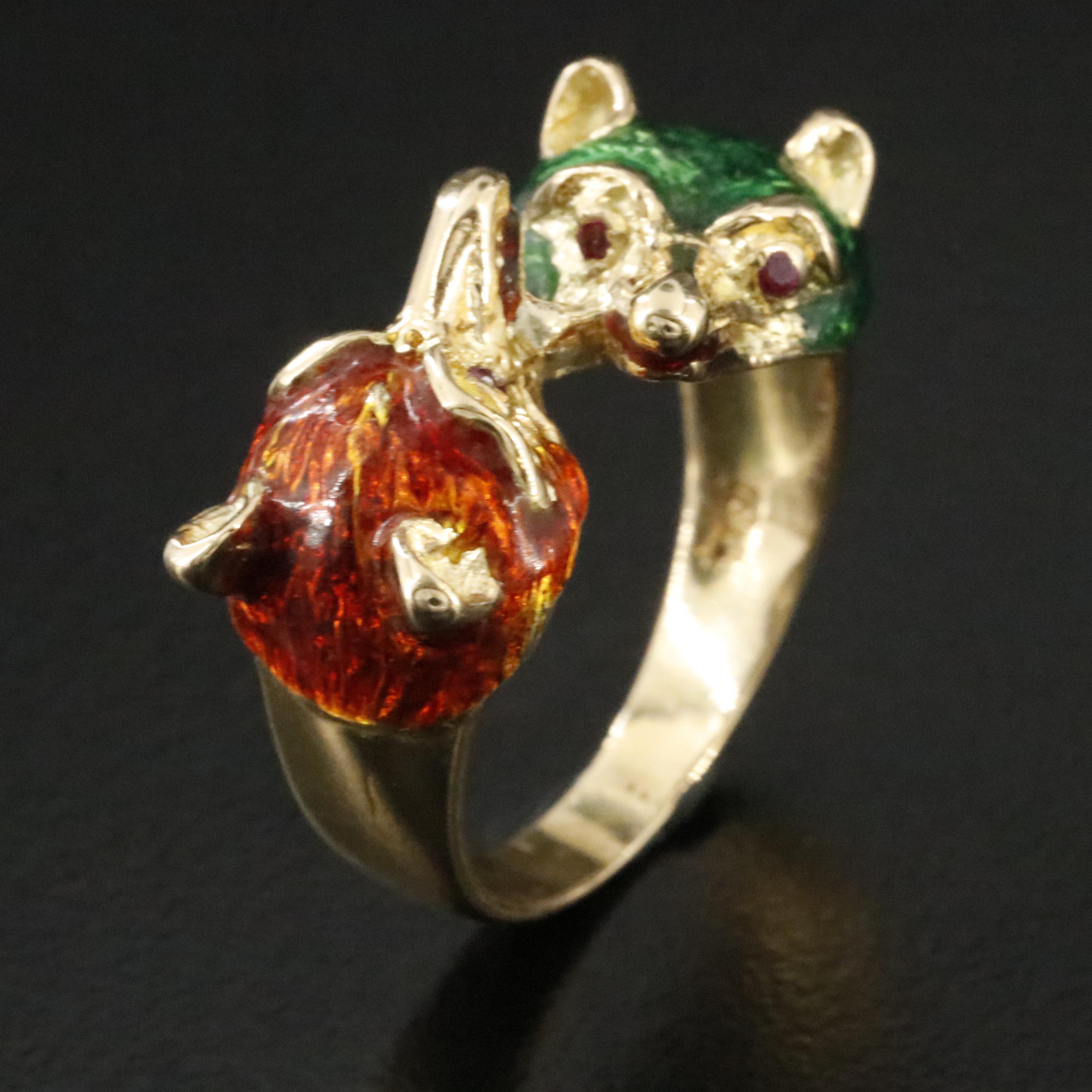 18K Enamel and Ruby Fox Bypass Ring
