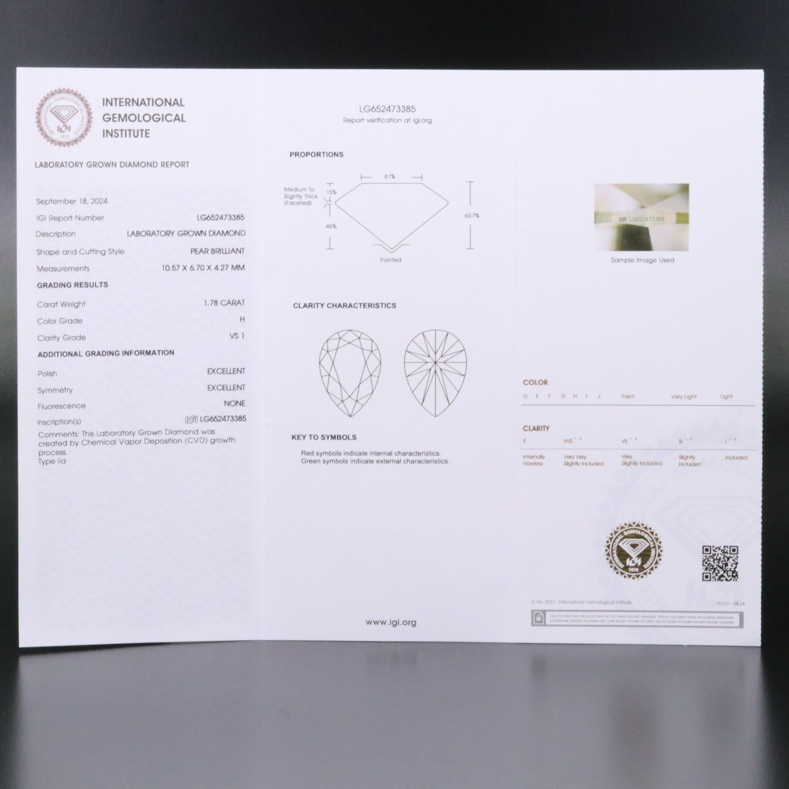 Loose 1.78 CT Lab Grown Diamond with IGI Report