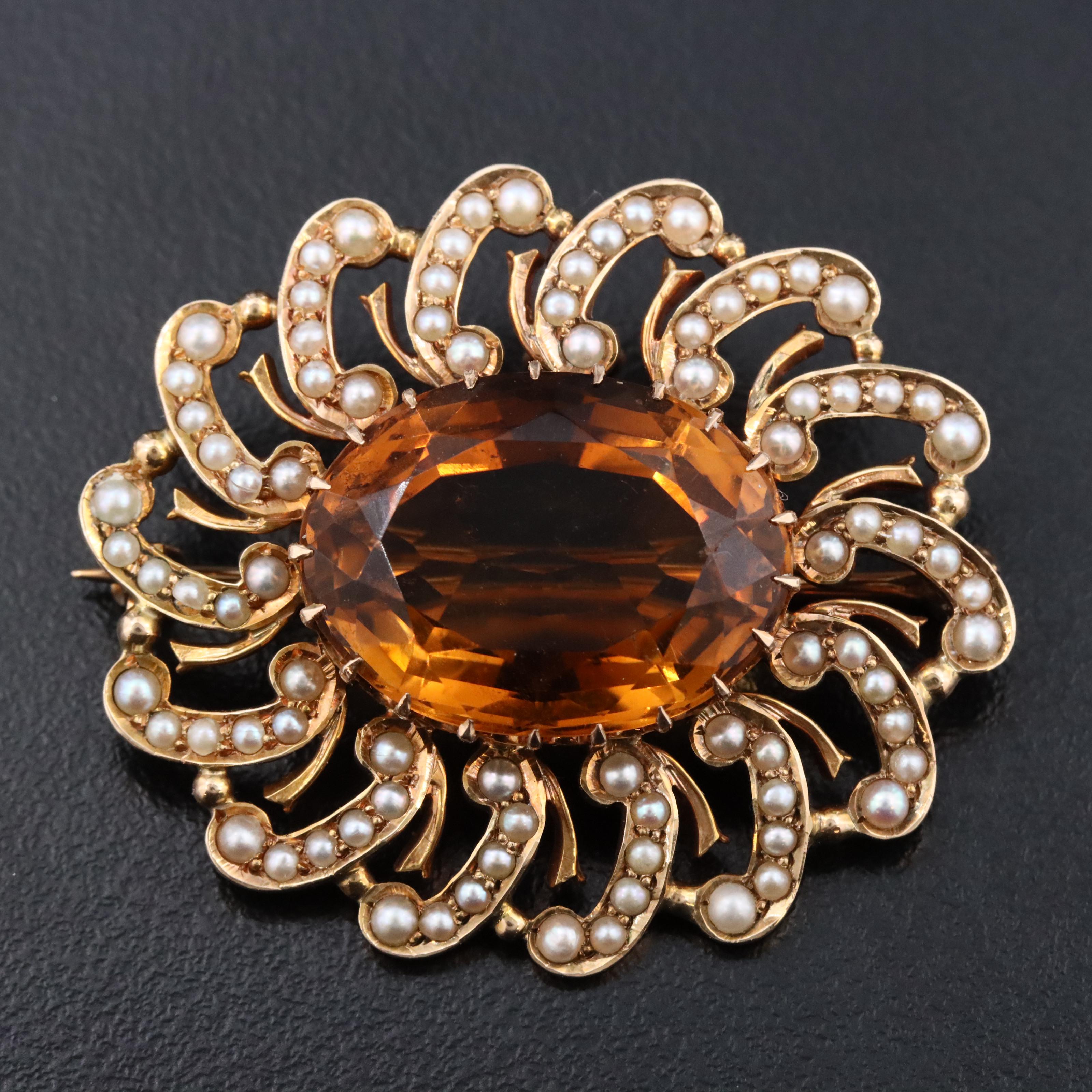 Early 1900s 10K 14.50 CT Citrine and Seed Pearl Converter Brooch