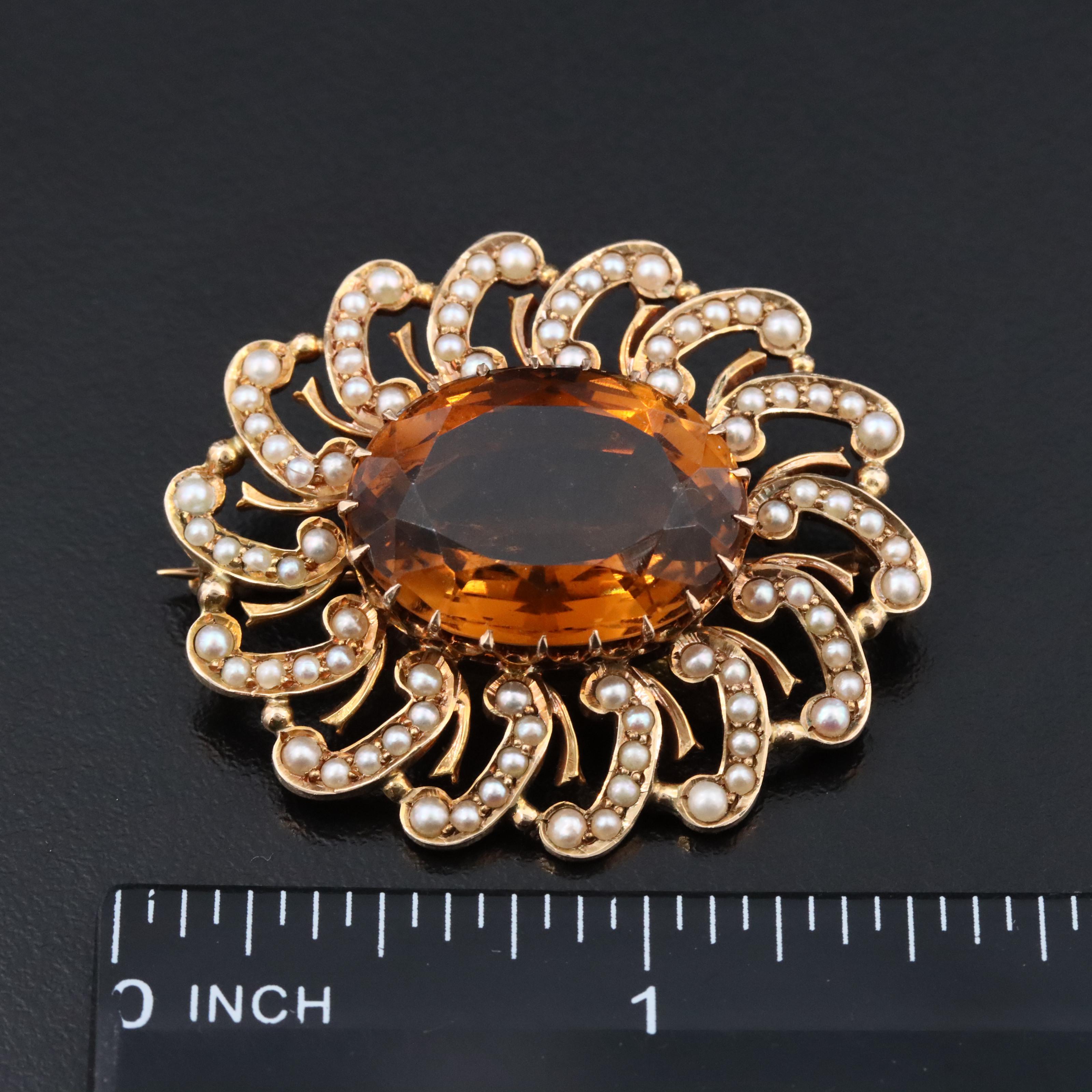 Early 1900s 10K 14.50 CT Citrine and Seed Pearl Converter Brooch