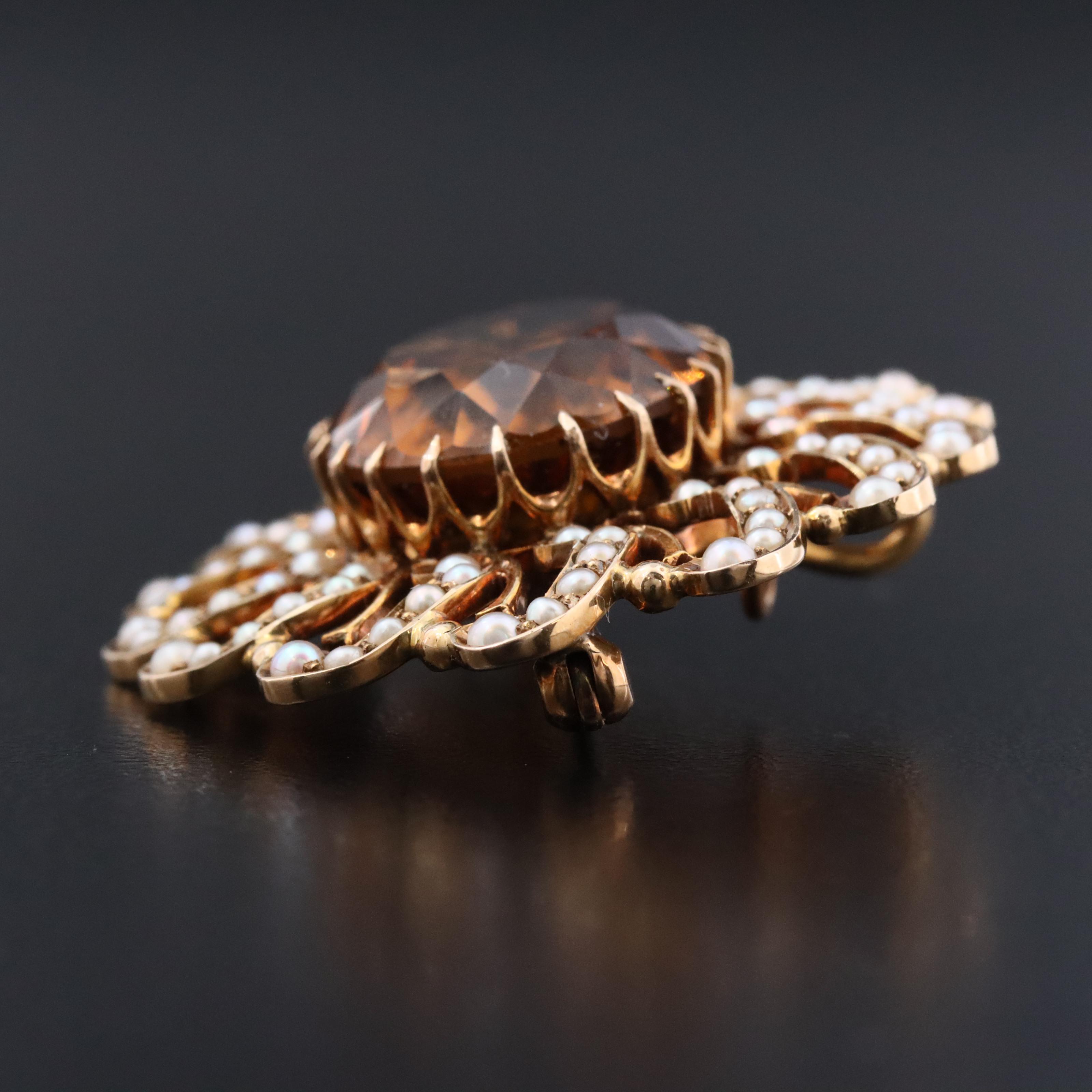 Early 1900s 10K 14.50 CT Citrine and Seed Pearl Converter Brooch