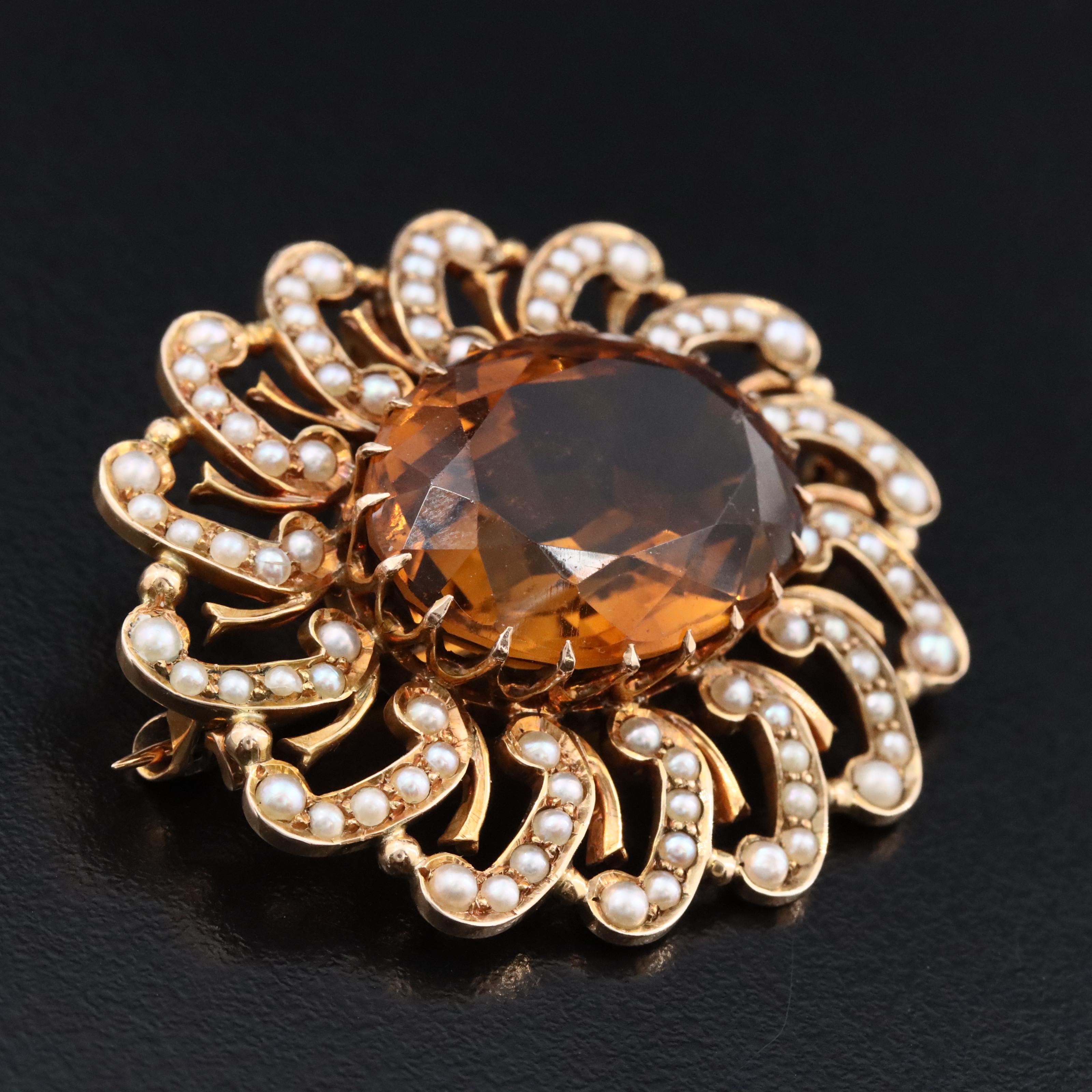 Early 1900s 10K 14.50 CT Citrine and Seed Pearl Converter Brooch