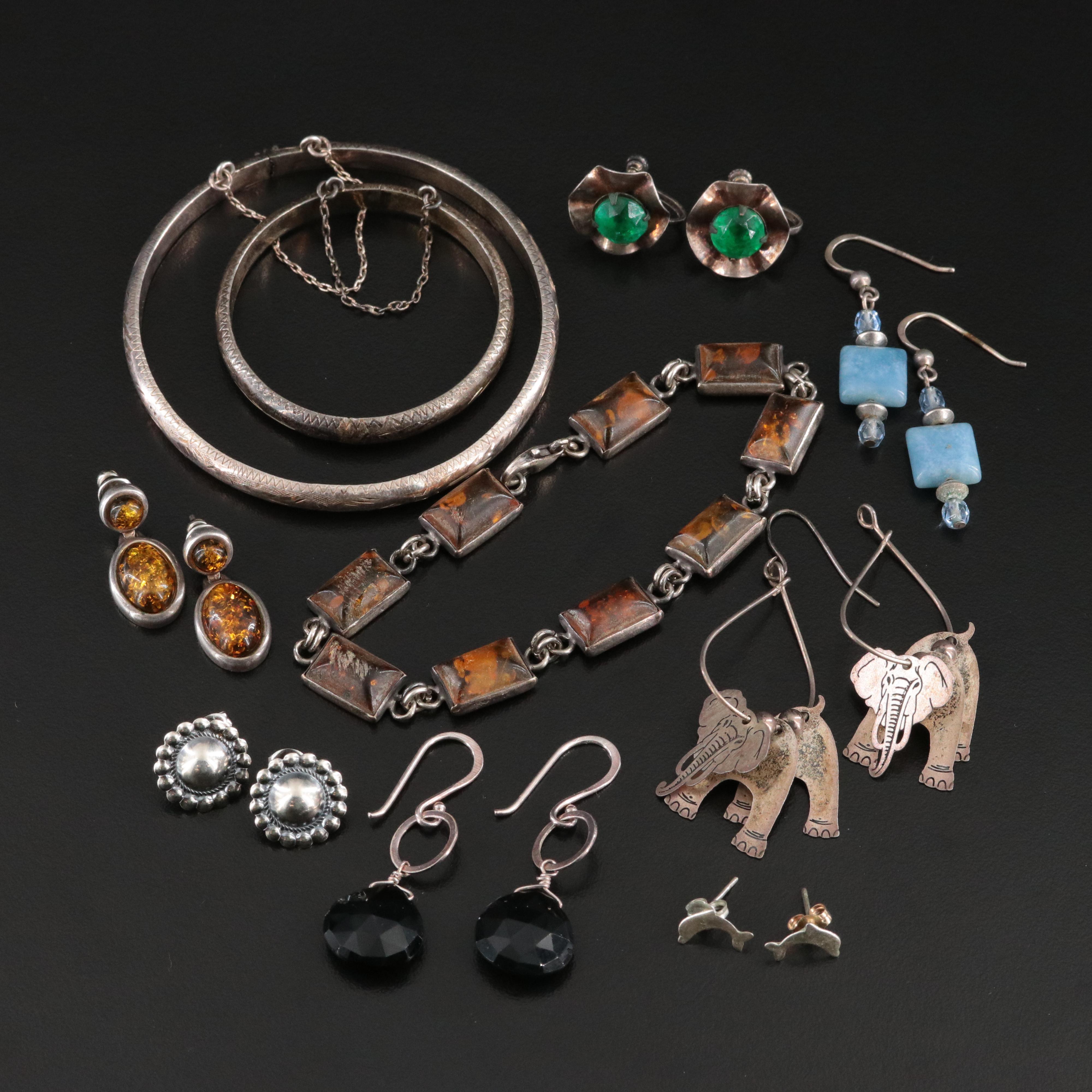 Sterling Bracelet and Earrings Collection Including Amber and Black Onyx