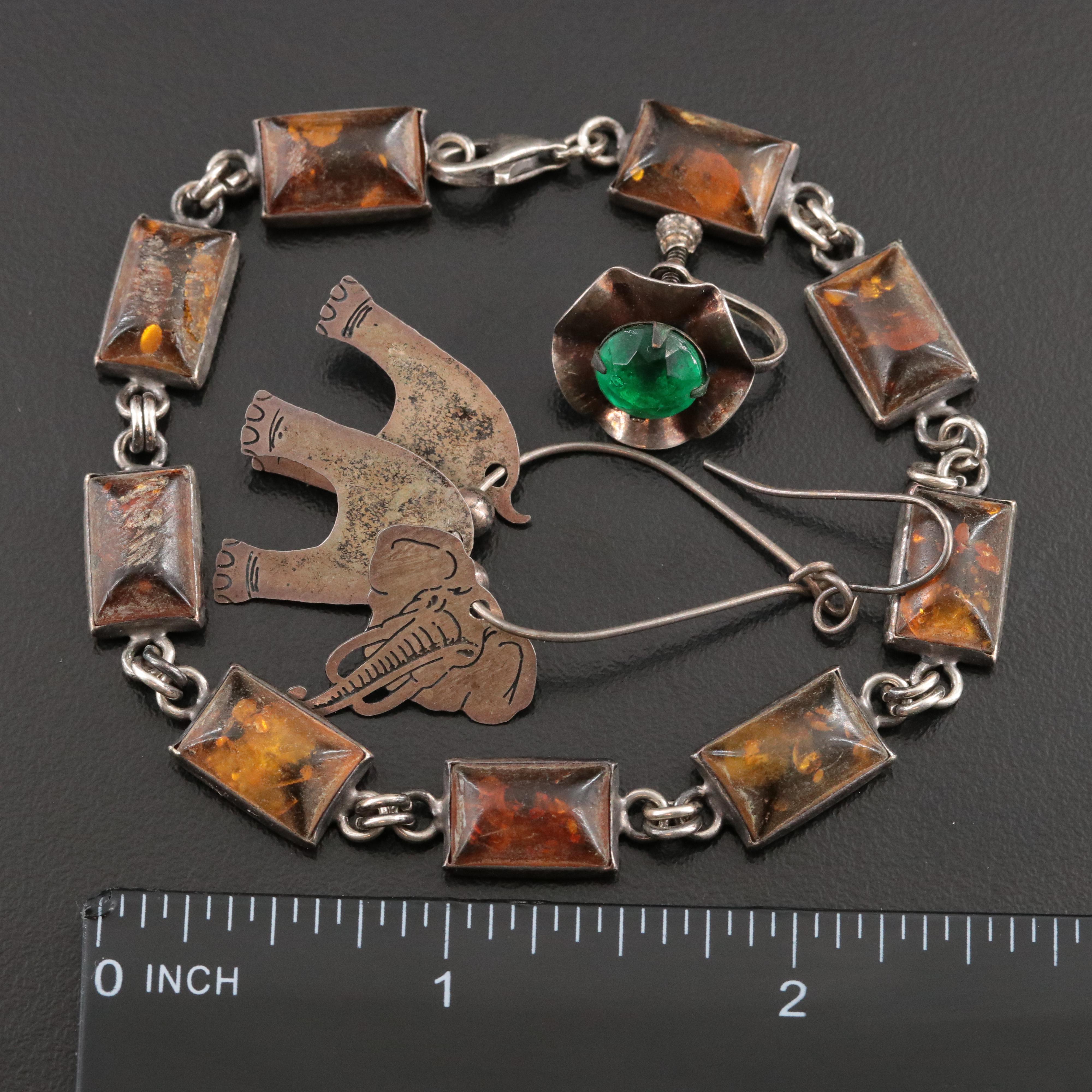 Sterling Bracelet and Earrings Collection Including Amber and Black Onyx