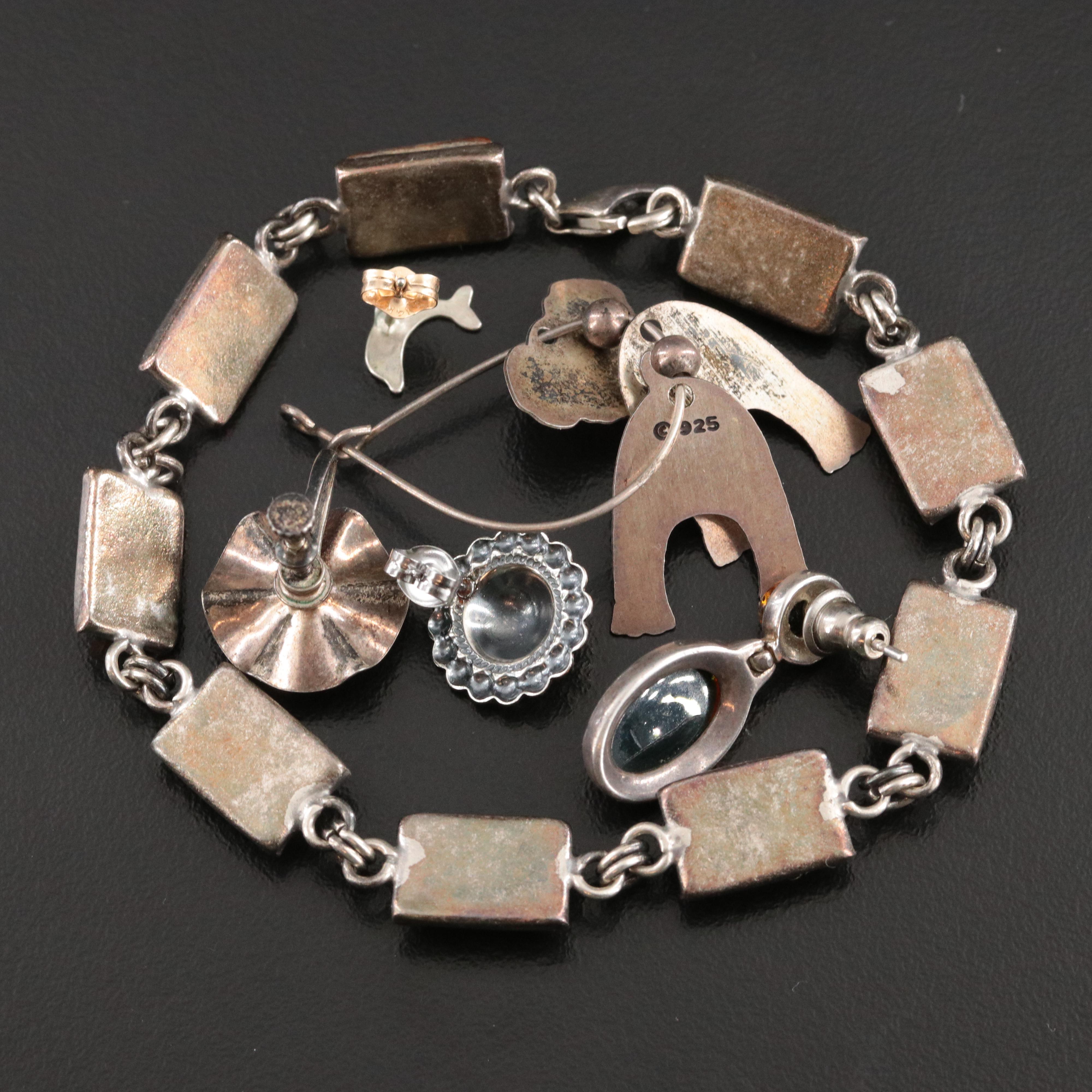 Sterling Bracelet and Earrings Collection Including Amber and Black Onyx