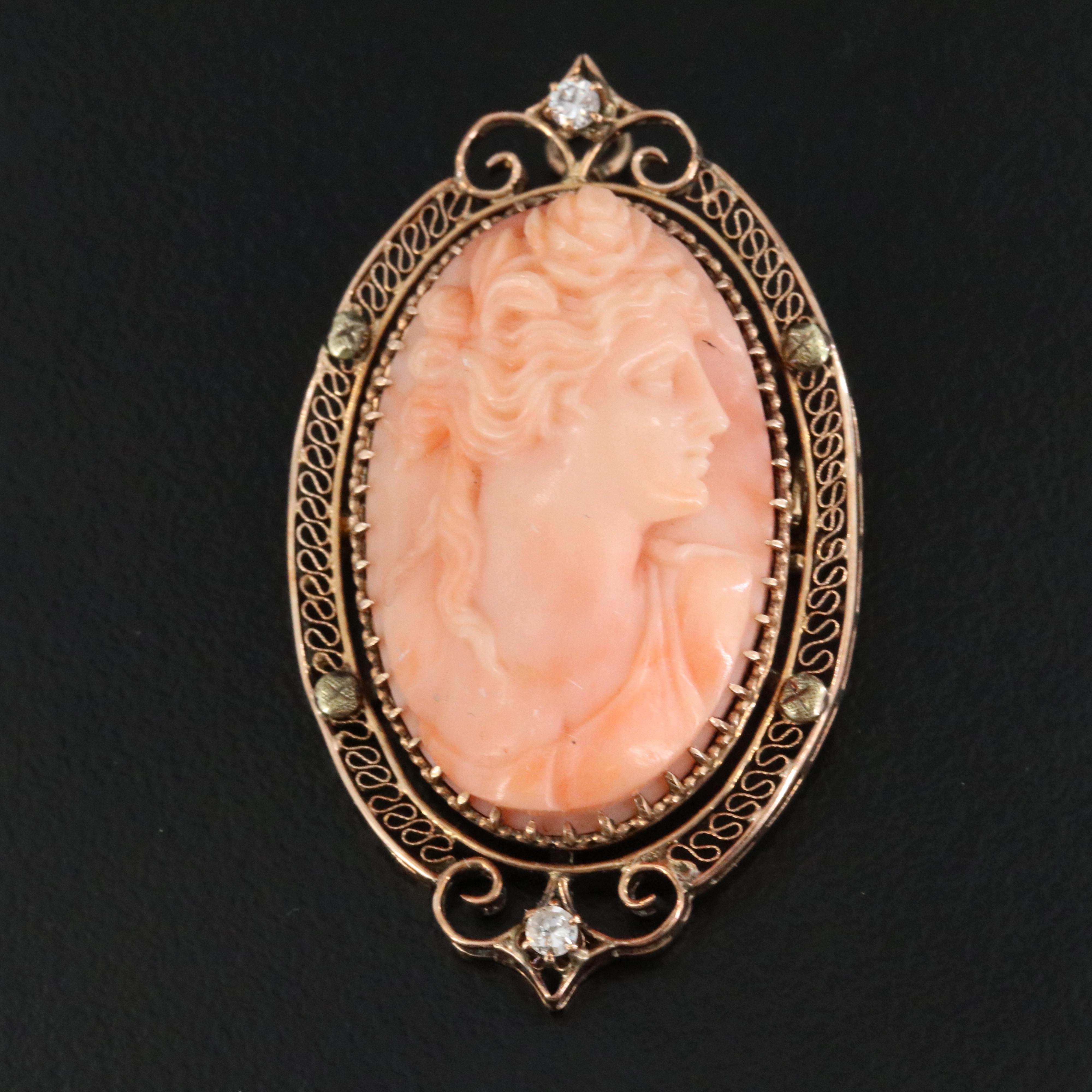 Antique 10K Coral Cameo and Diamond Converter Brooch