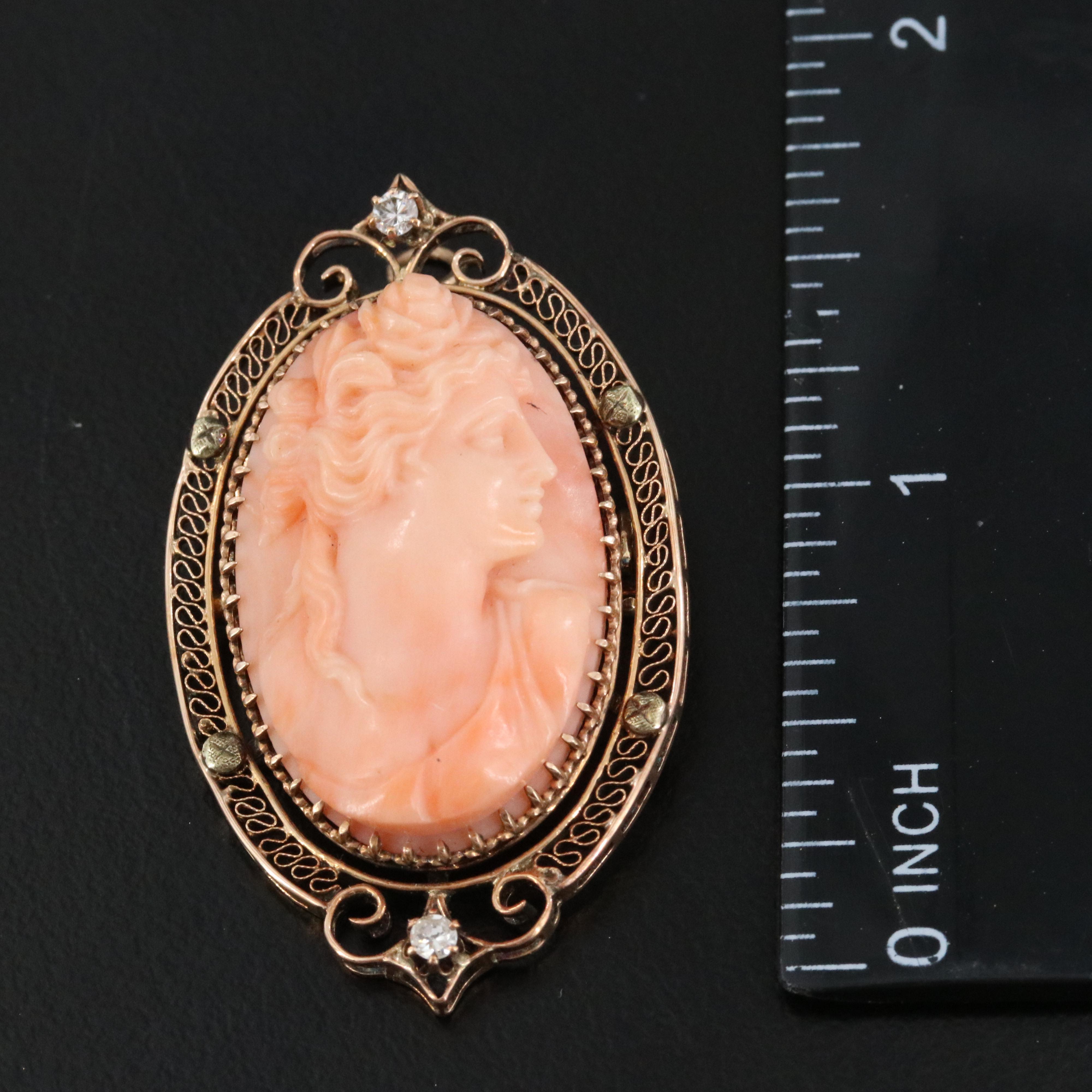 Antique 10K Coral Cameo and Diamond Converter Brooch