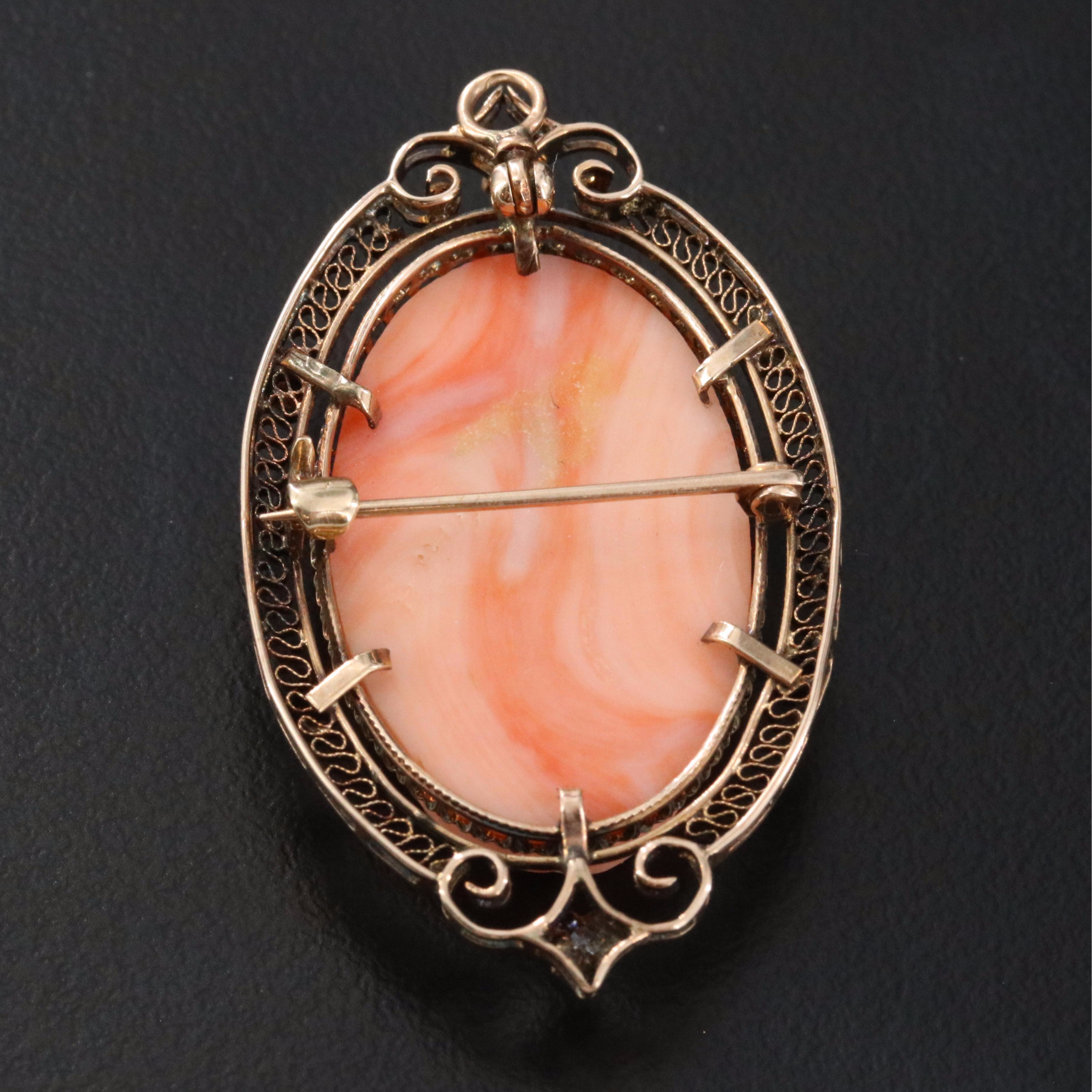 Antique 10K Coral Cameo and Diamond Converter Brooch