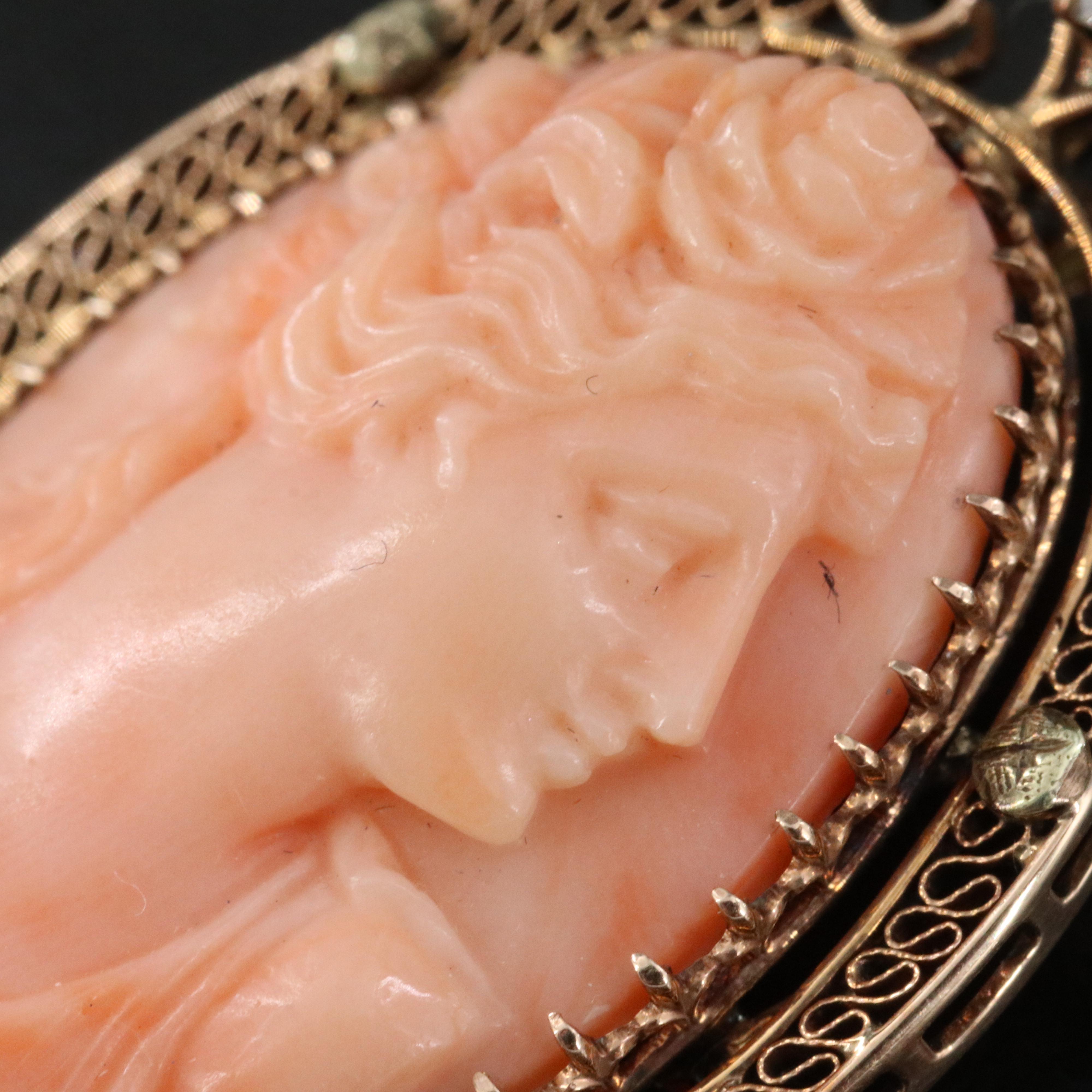 Antique 10K Coral Cameo and Diamond Converter Brooch