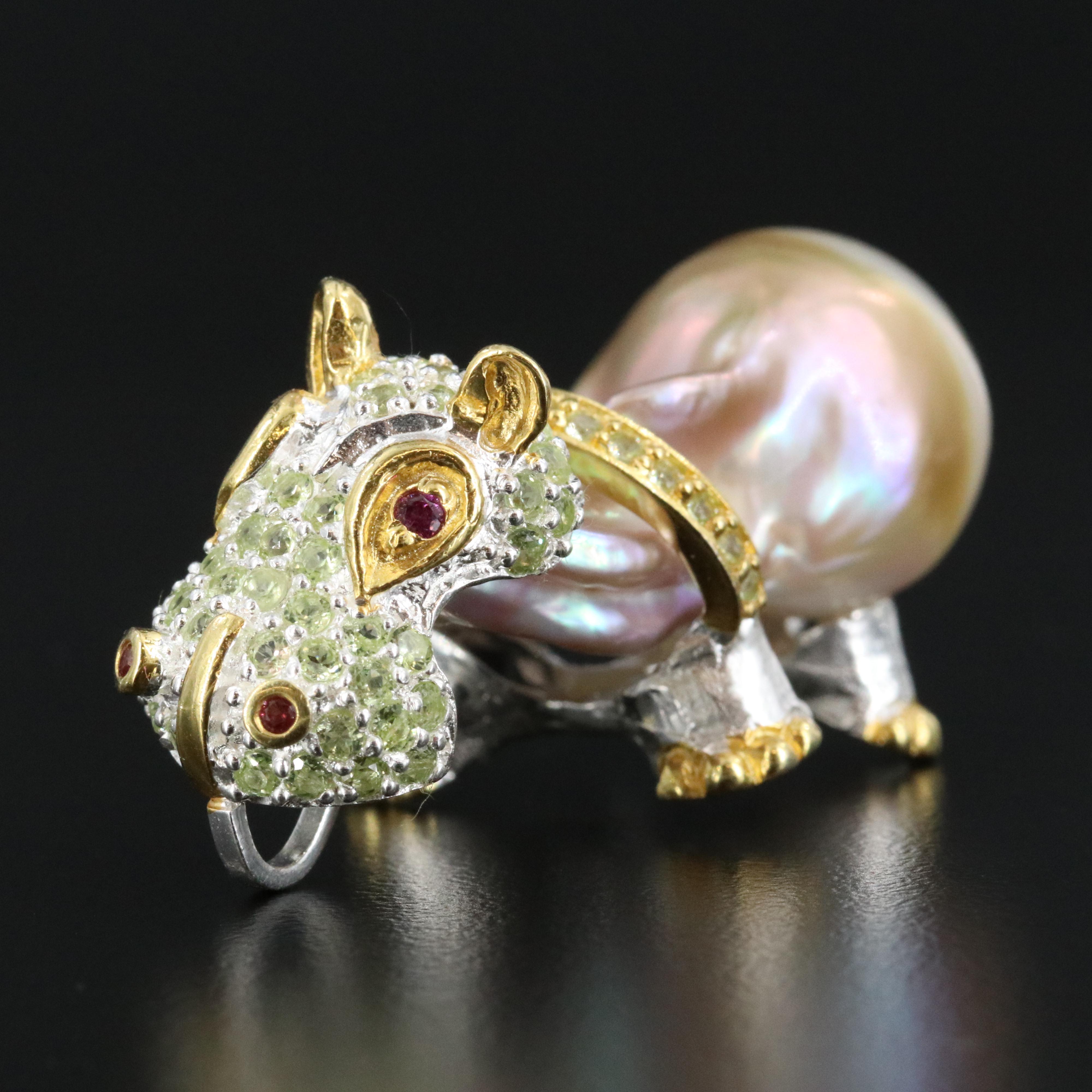 Sterling Pearl, Citrine and Garnet Hippo Pendant