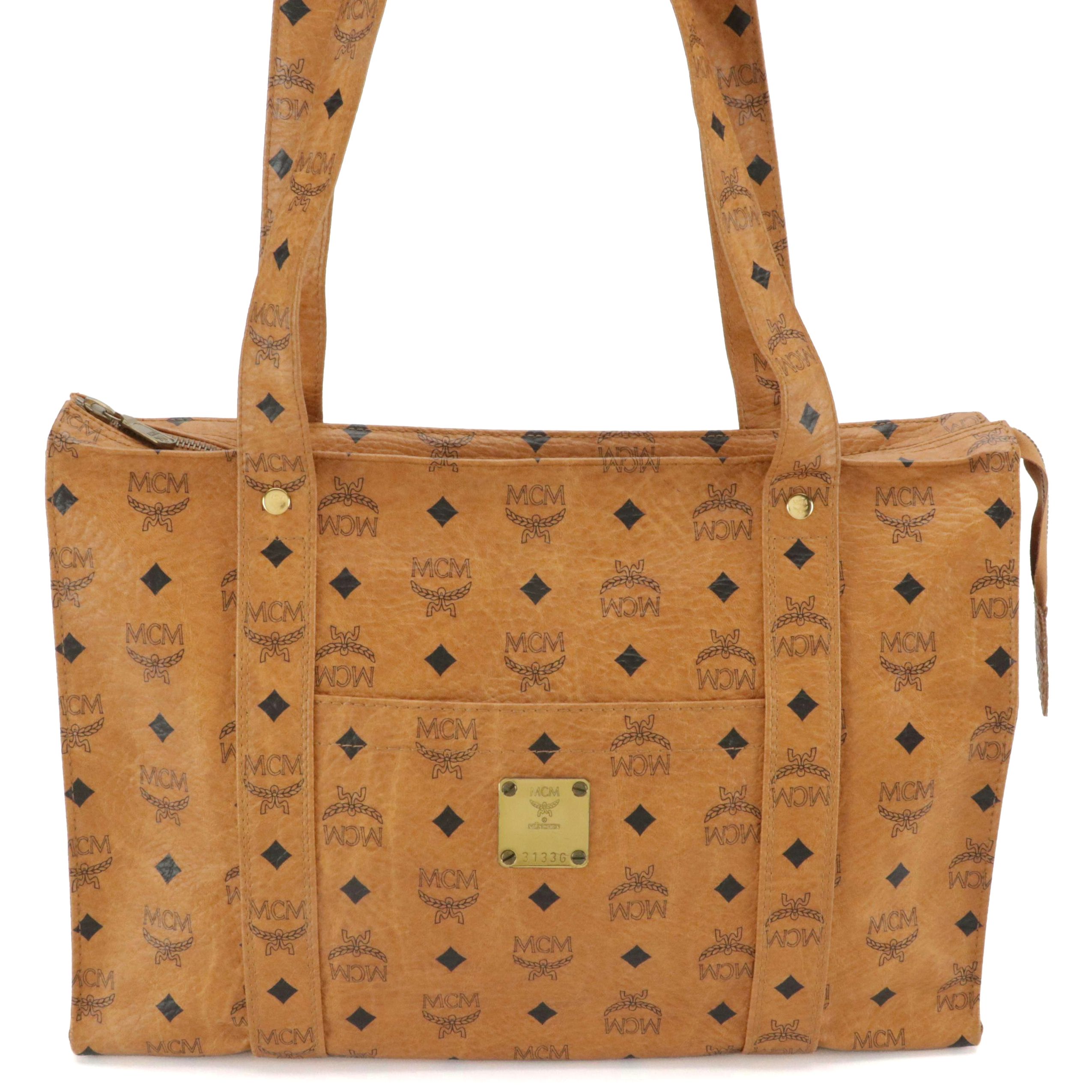 MCM Long Handle Medium Tote Bag in Cognac Visetos Coated Canvas
