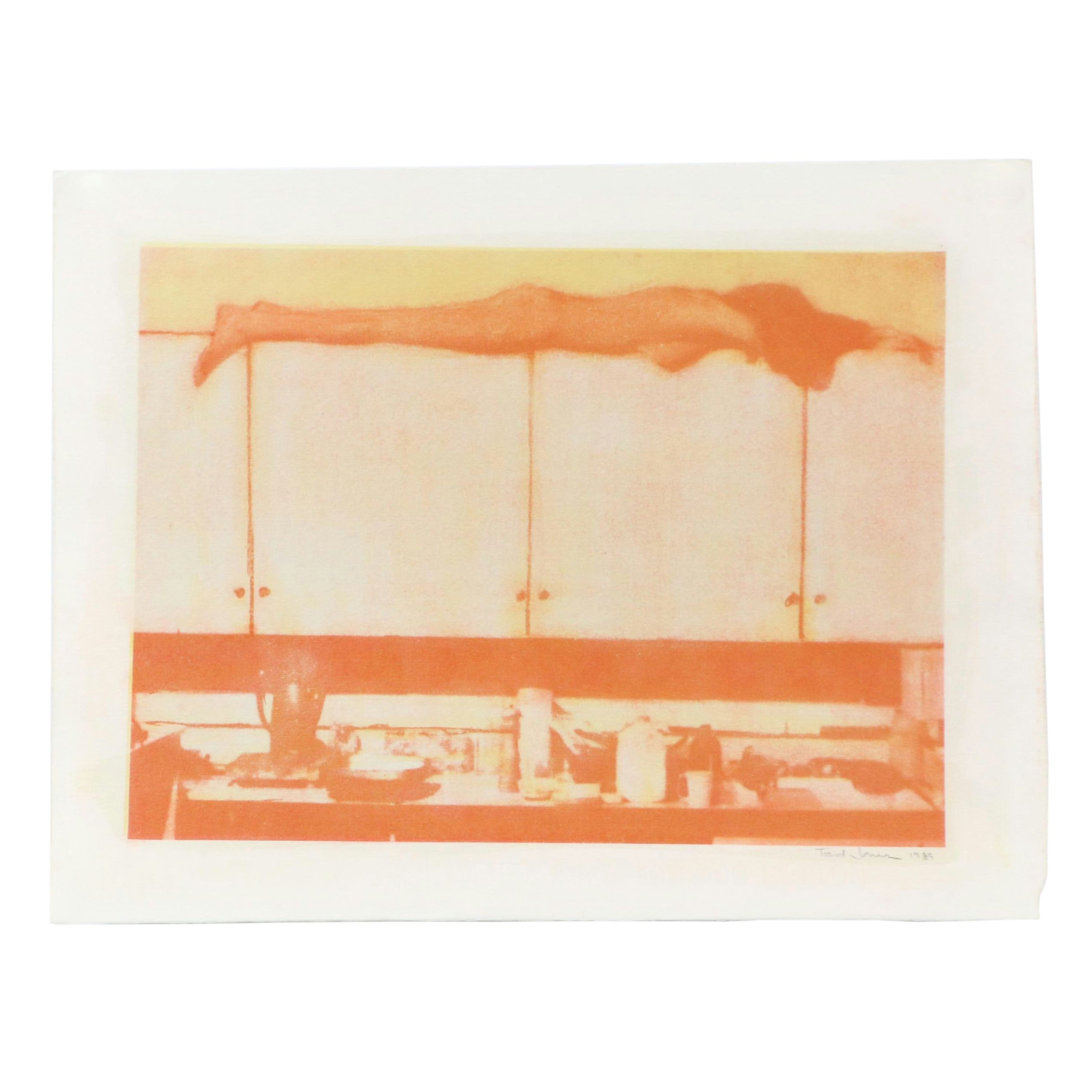 Ted Jones Gum Bichromatic Print of Figure Laying on Kitchen Cabinets, 1989