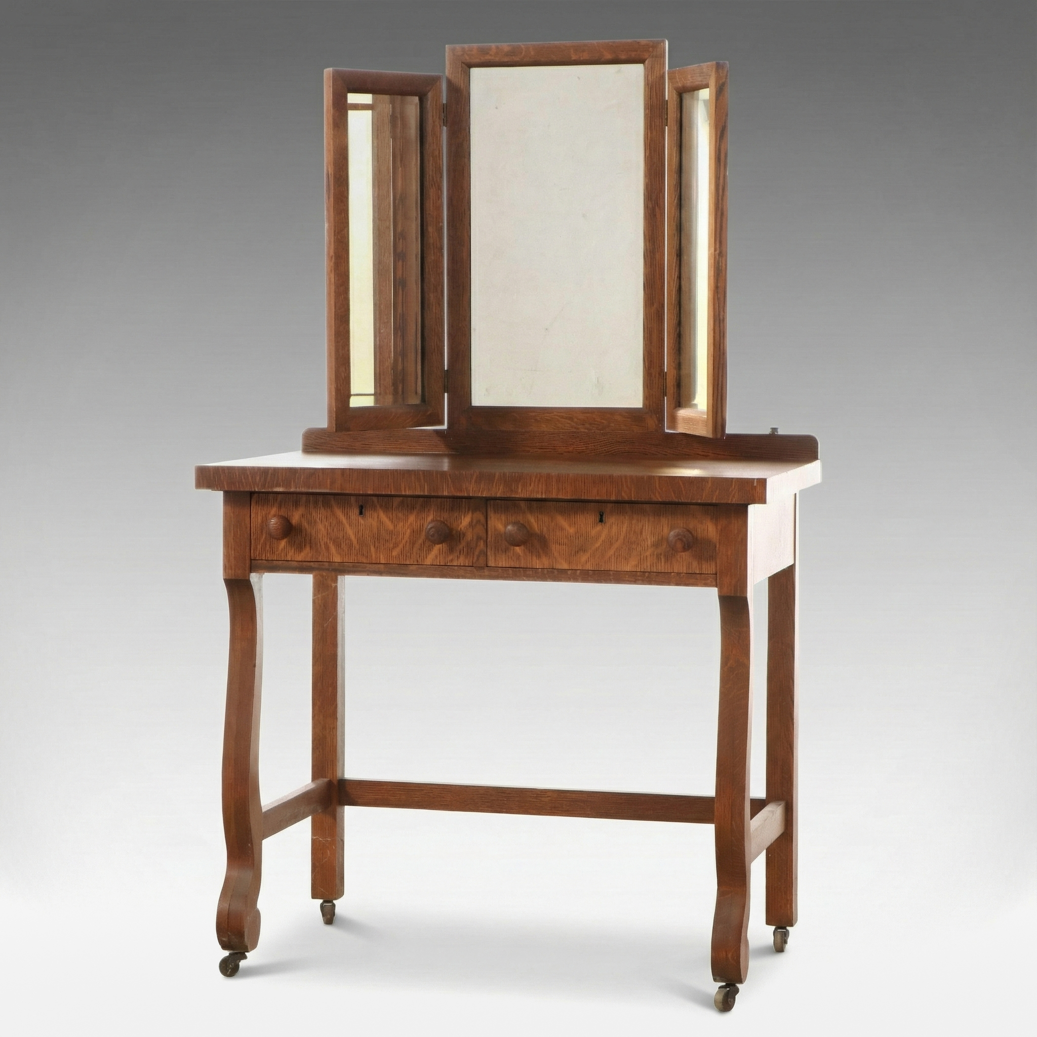 Empire Revival Oak Dressing Table with Tri-Fold Mirror, Early 20th Century