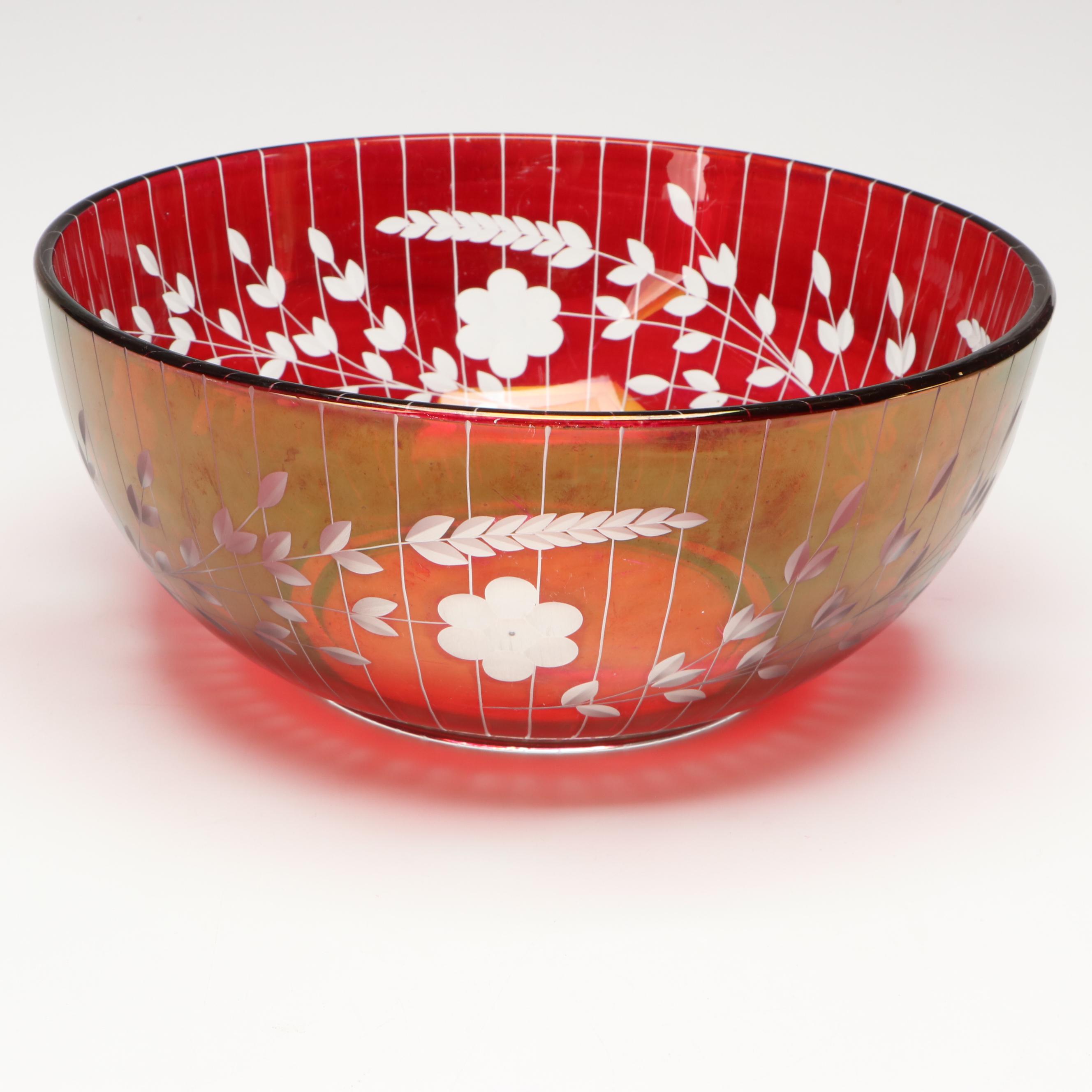 Bohemian Style Ruby Cut to Clear Bowl with Blown Glass Pitcher and Vases