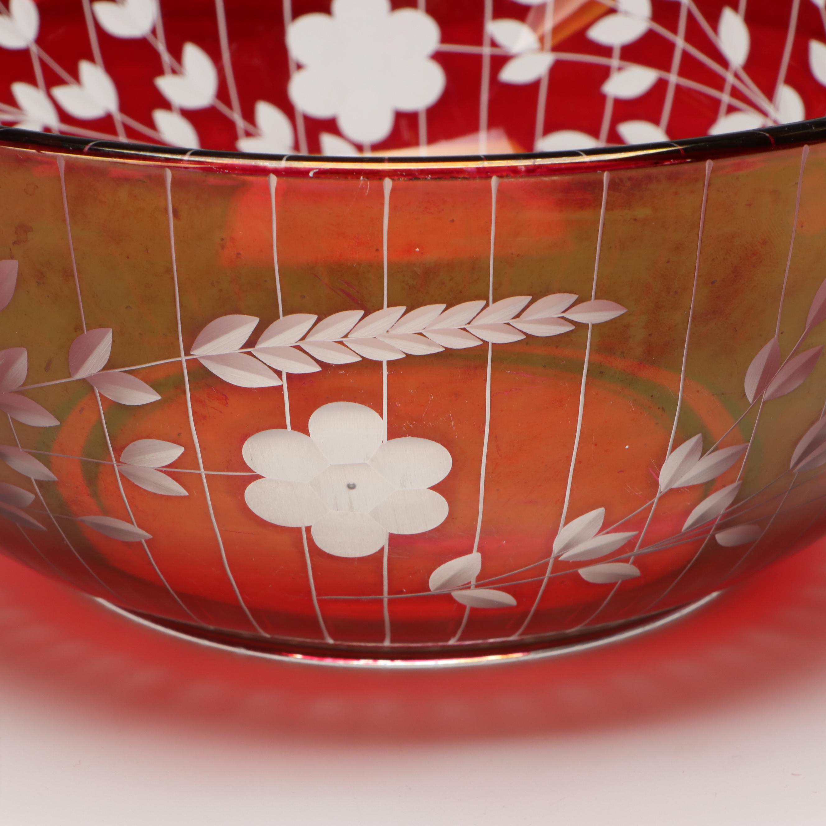 Bohemian Style Ruby Cut to Clear Bowl with Blown Glass Pitcher and Vases