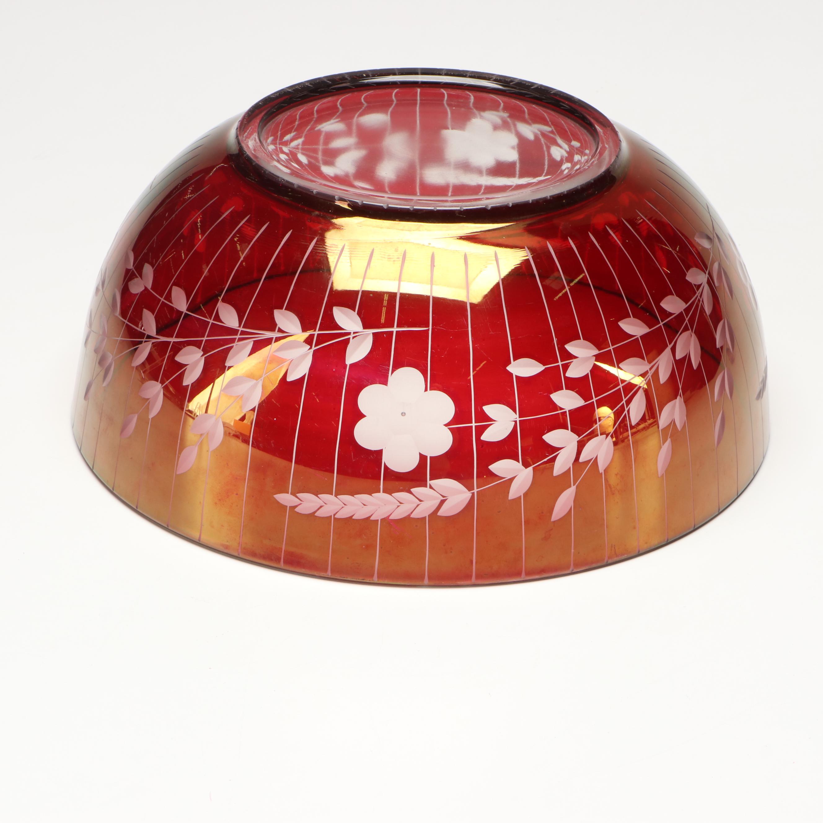 Bohemian Style Ruby Cut to Clear Bowl with Blown Glass Pitcher and Vases