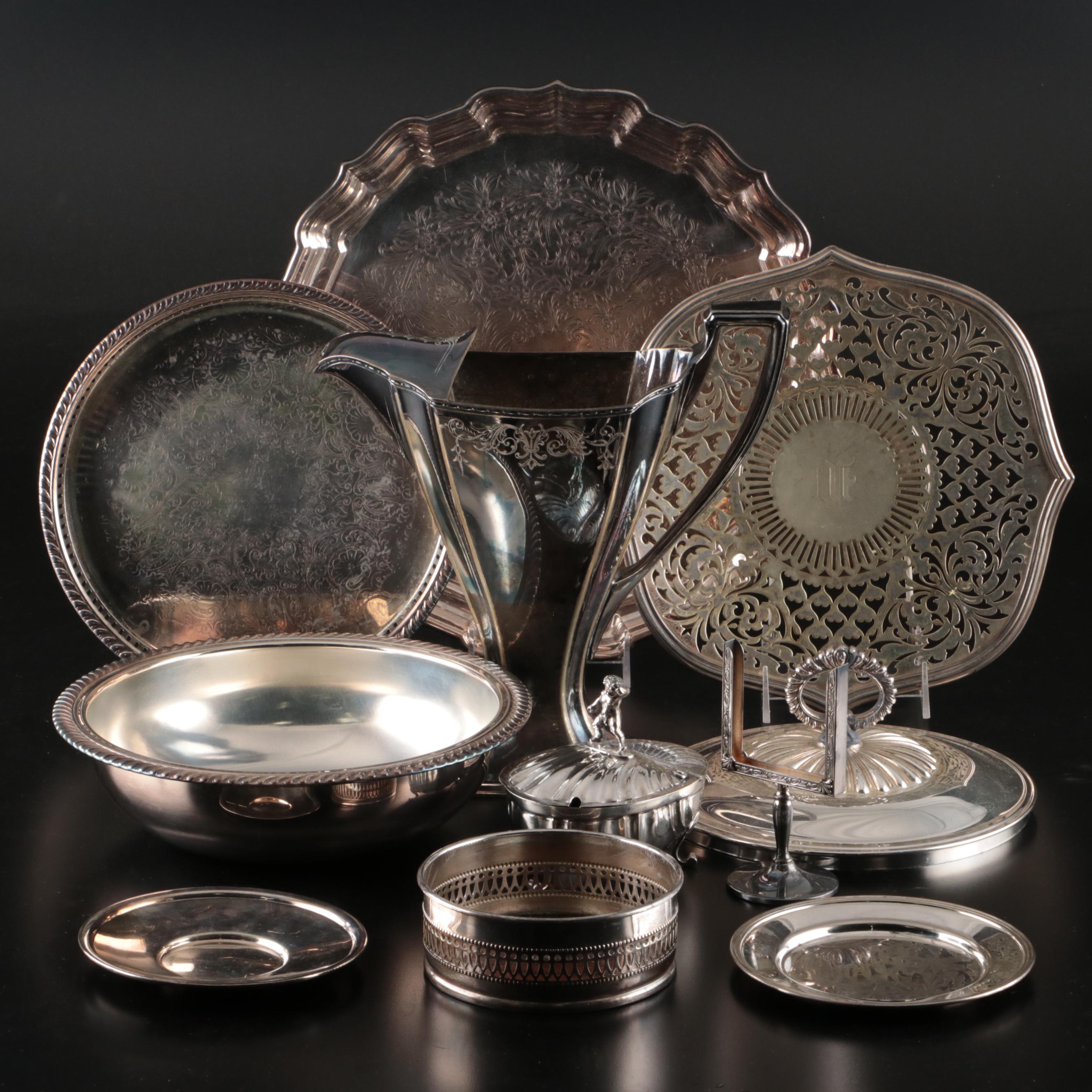 800 Silver Sugar Bowl, Etched Silver Plate Pitcher, and More Serveware