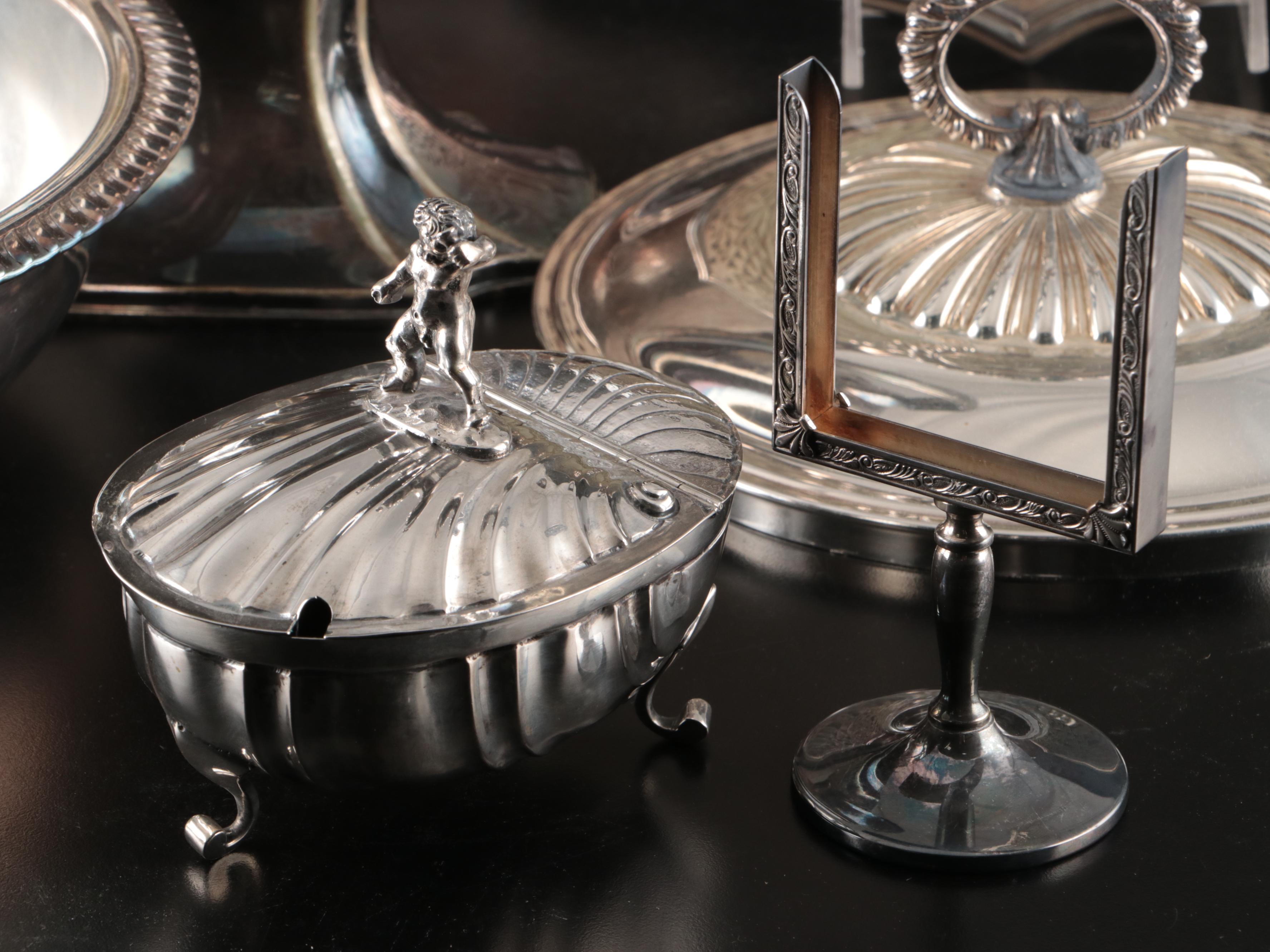 800 Silver Sugar Bowl, Etched Silver Plate Pitcher, and More Serveware