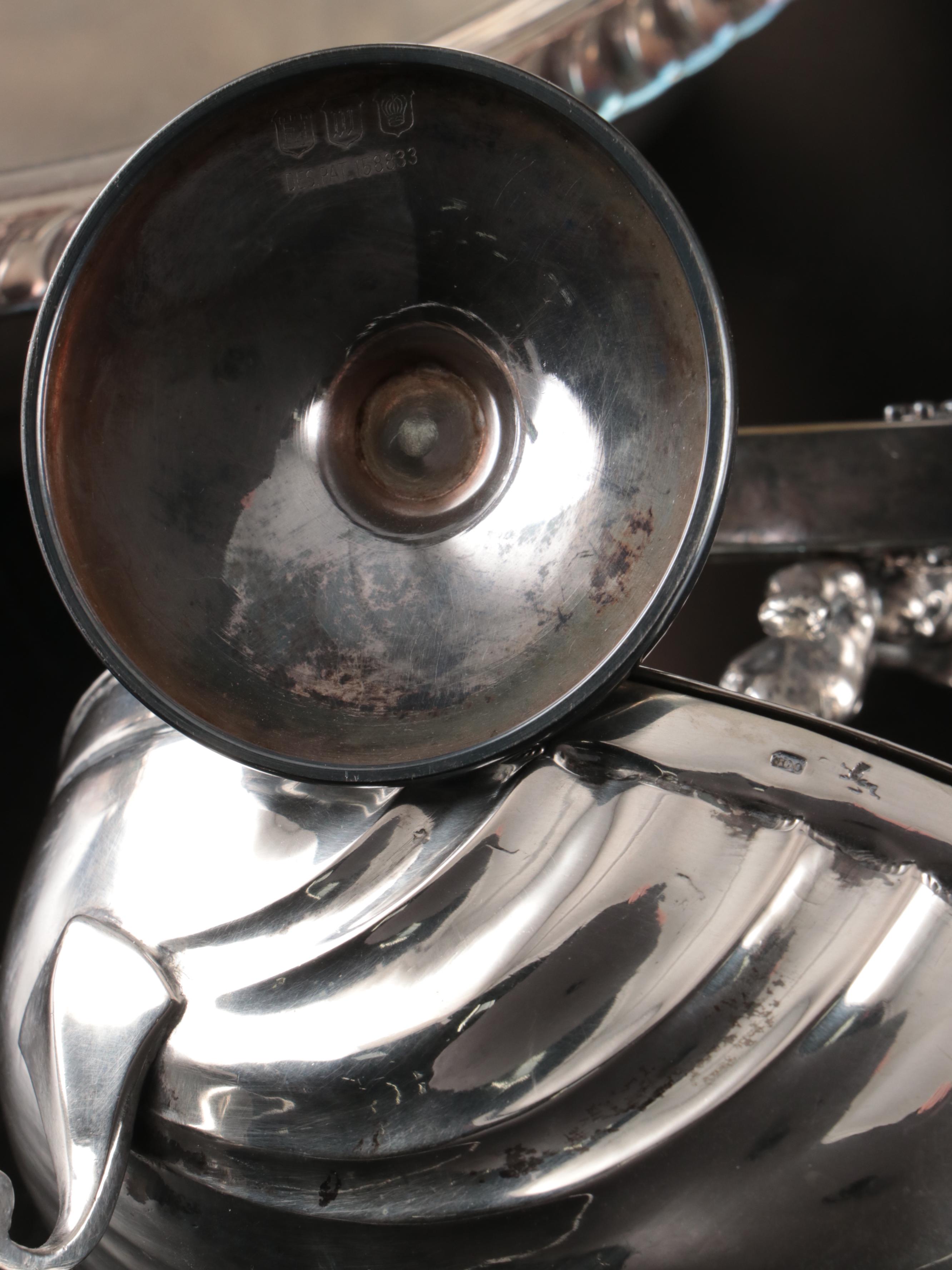 800 Silver Sugar Bowl, Etched Silver Plate Pitcher, and More Serveware