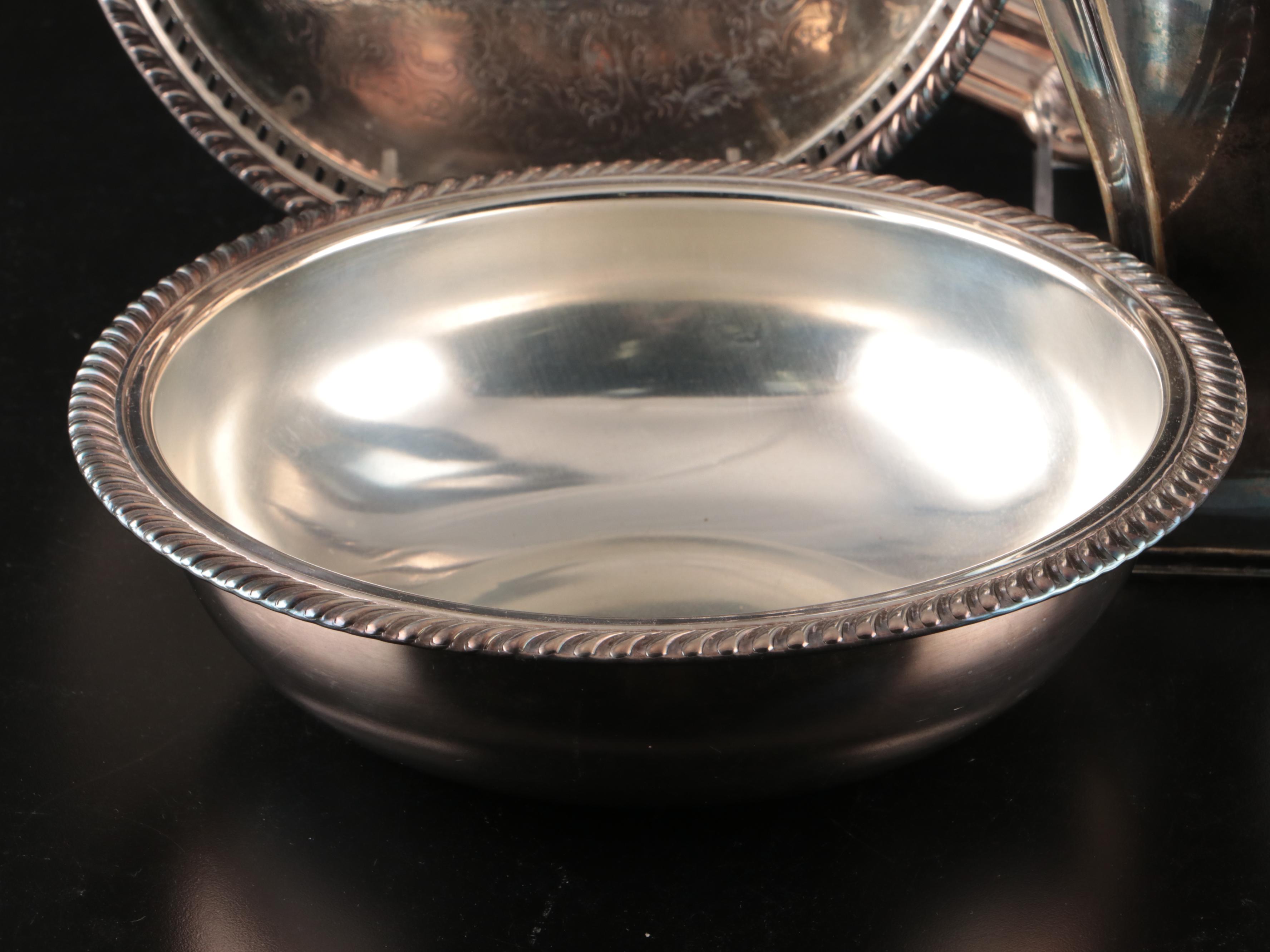 800 Silver Sugar Bowl, Etched Silver Plate Pitcher, and More Serveware