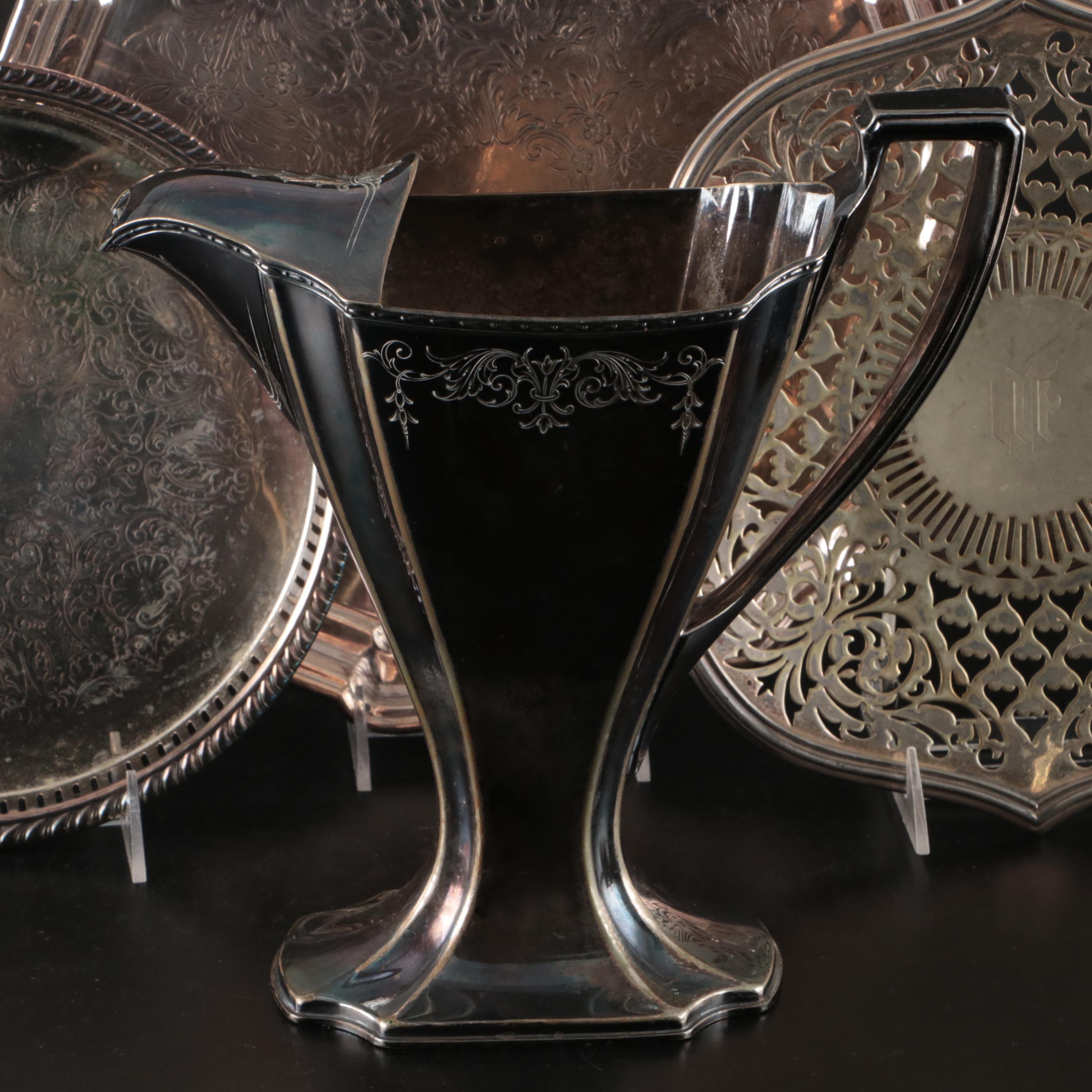 800 Silver Sugar Bowl, Etched Silver Plate Pitcher, and More Serveware