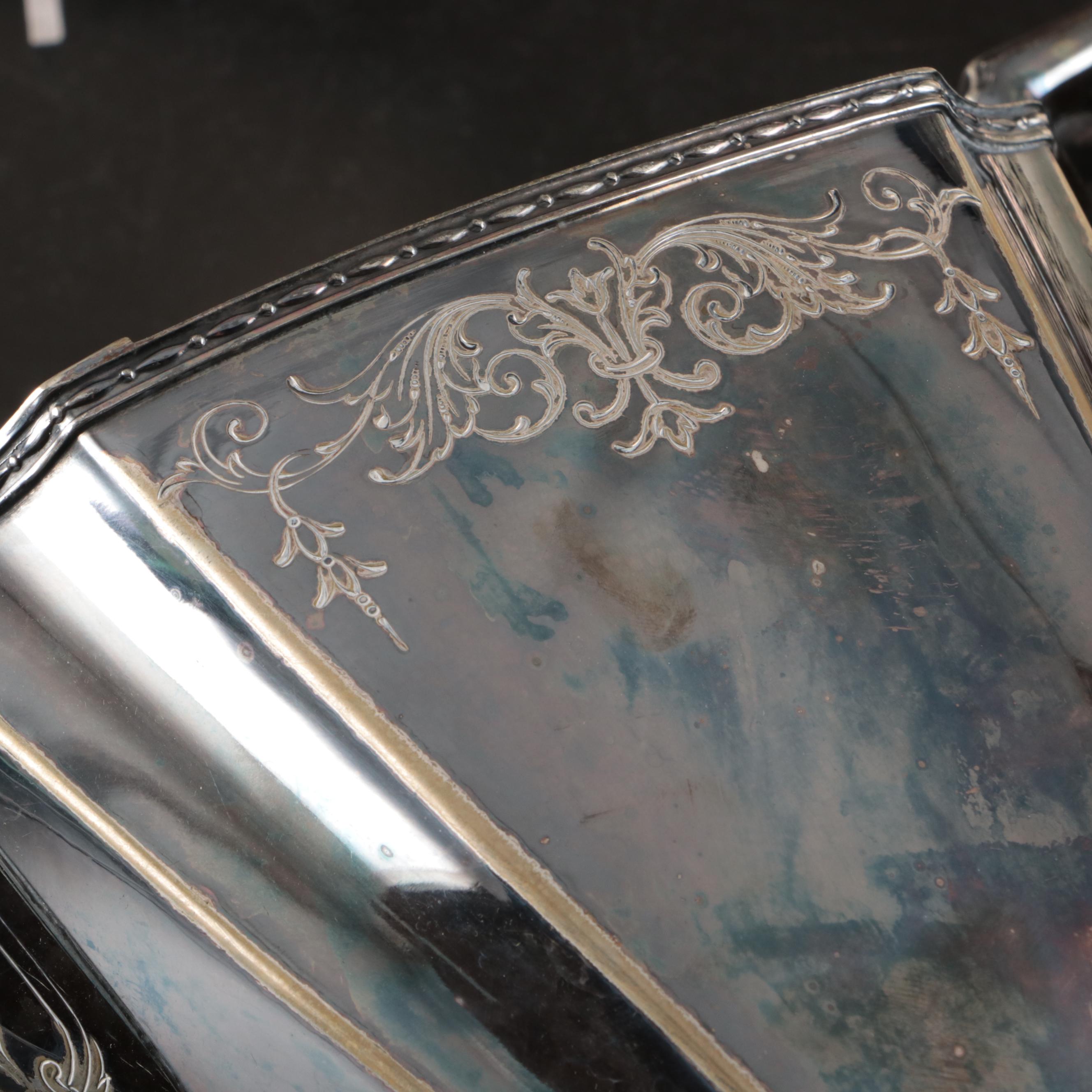 800 Silver Sugar Bowl, Etched Silver Plate Pitcher, and More Serveware