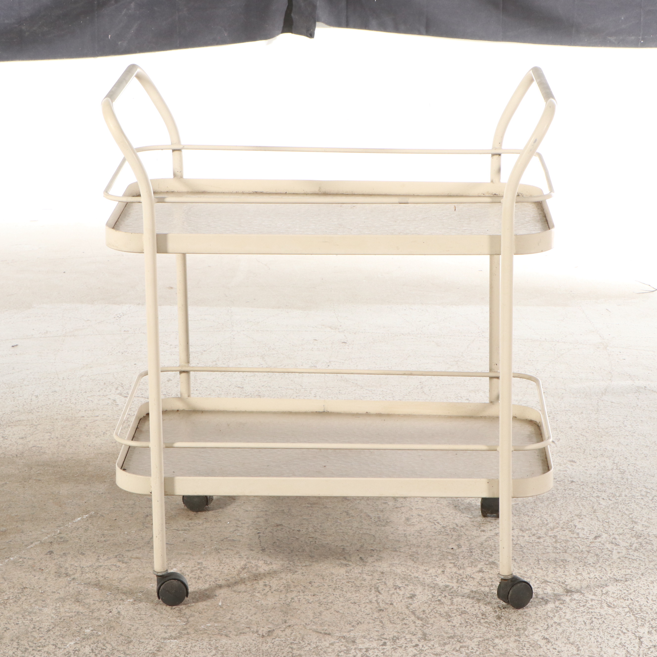 MCM Cream-Painted Trolley Bar Cart with Pebbled Glass Shelves