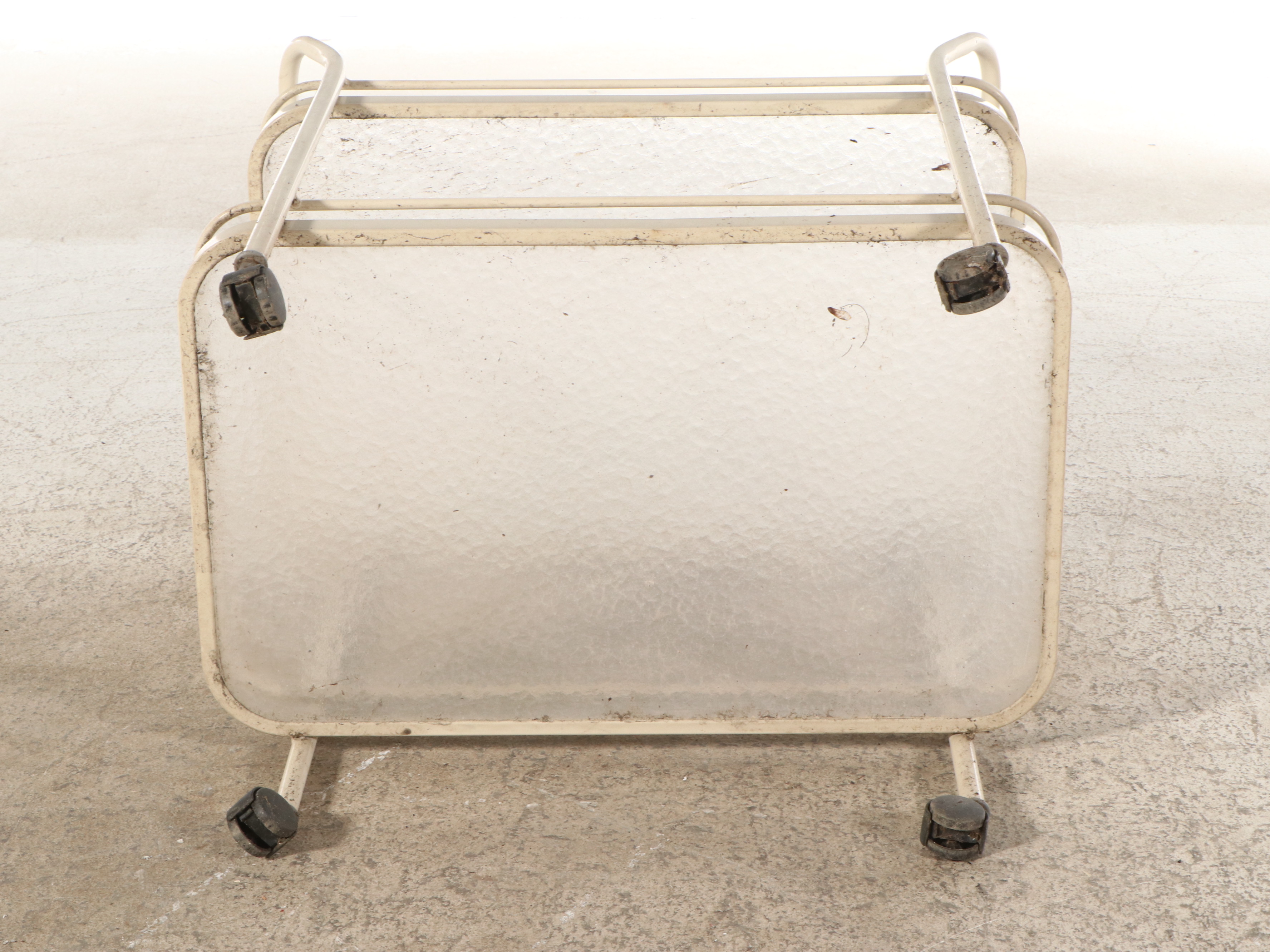 MCM Cream-Painted Trolley Bar Cart with Pebbled Glass Shelves