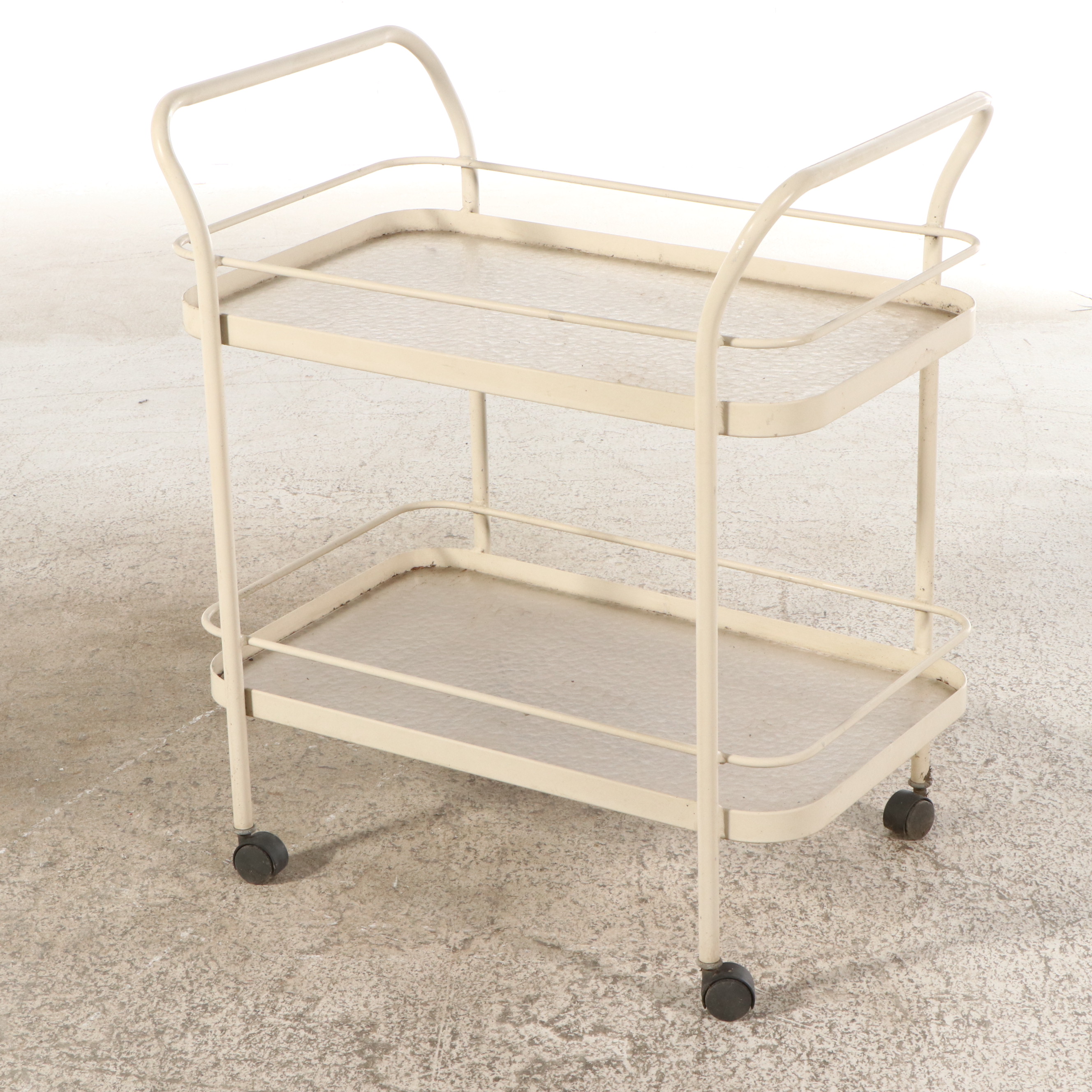 MCM Cream-Painted Trolley Bar Cart with Pebbled Glass Shelves
