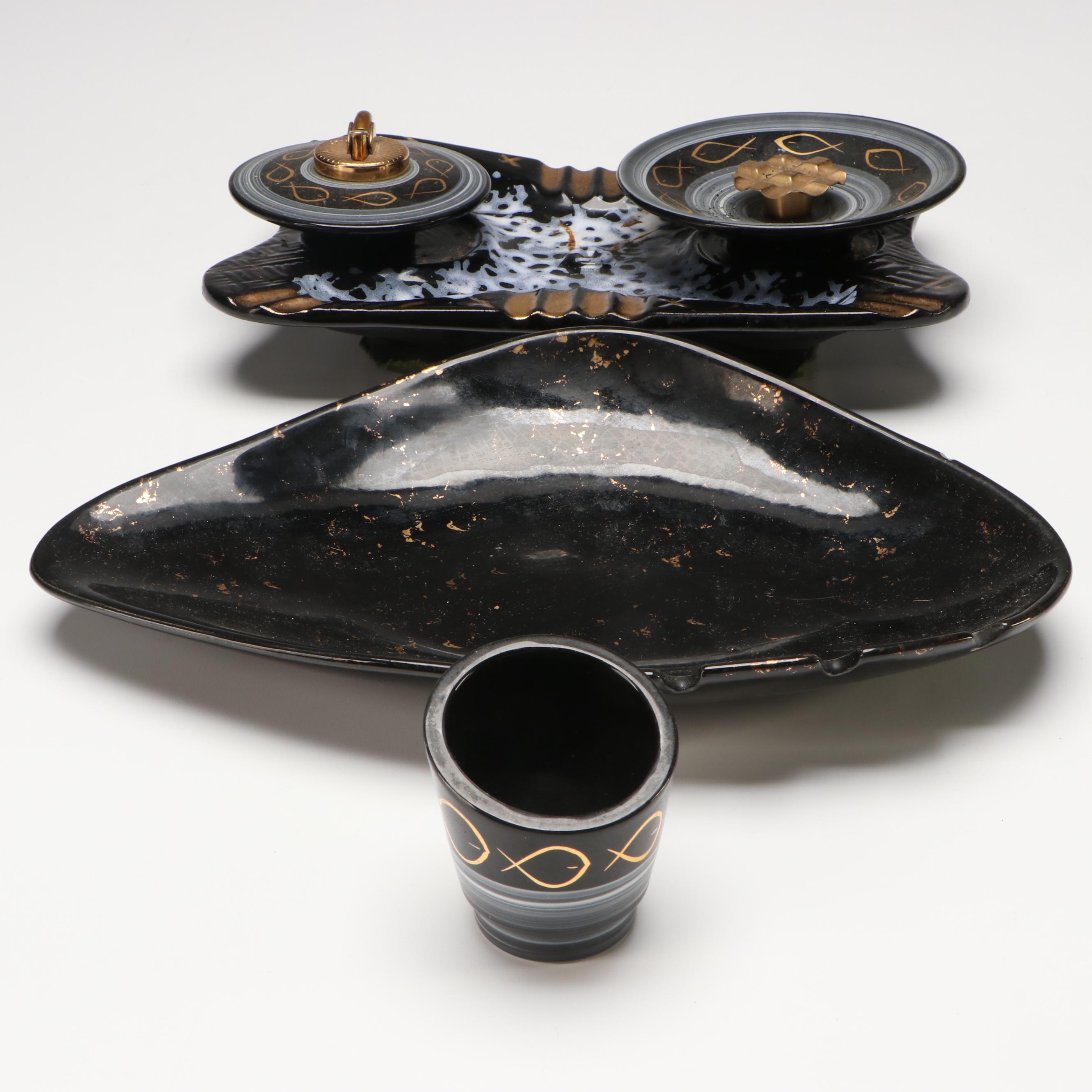 Hollywood Regency Style Black and Gold Ceramic Ashtrays and Table Lighter