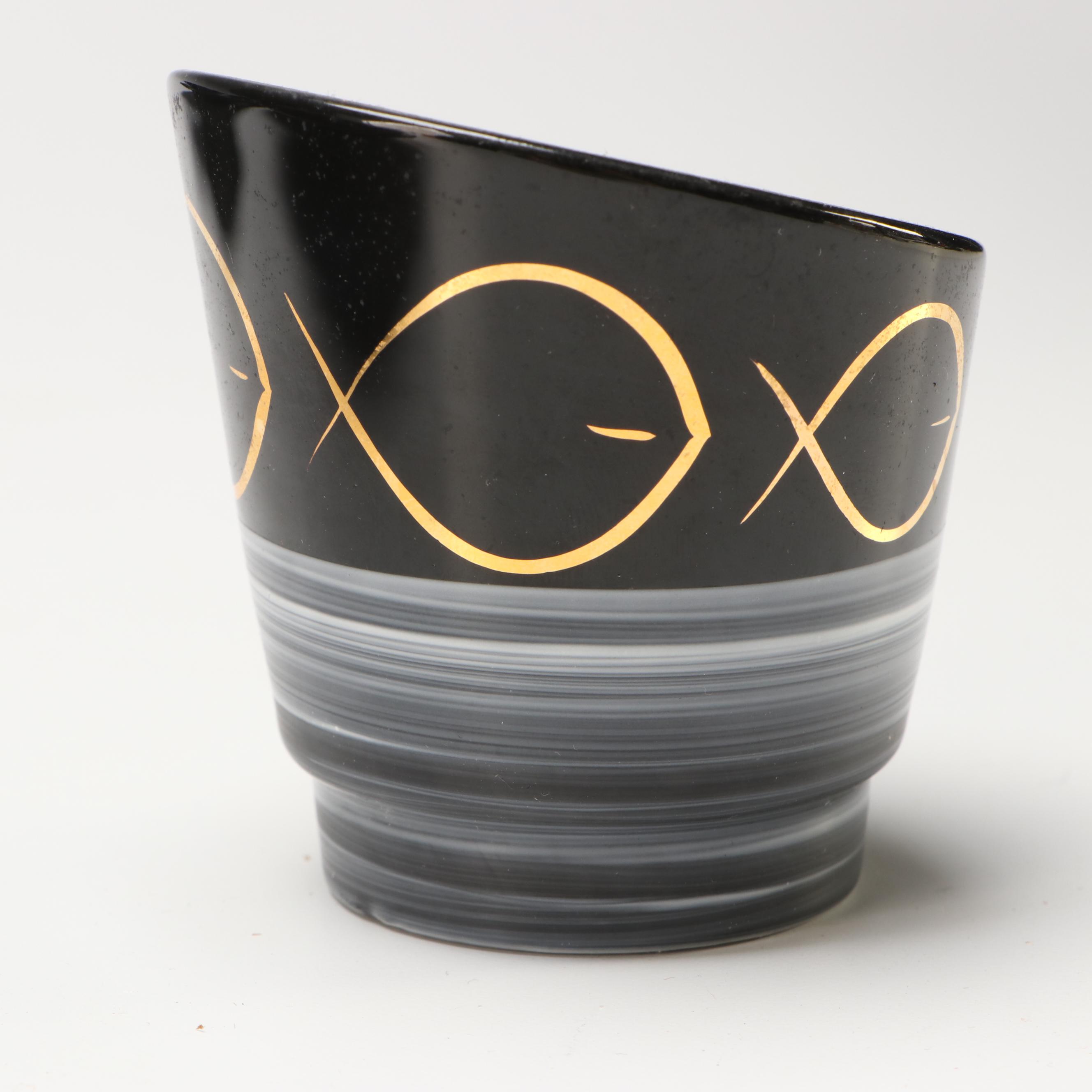 Hollywood Regency Style Black and Gold Ceramic Ashtrays and Table Lighter