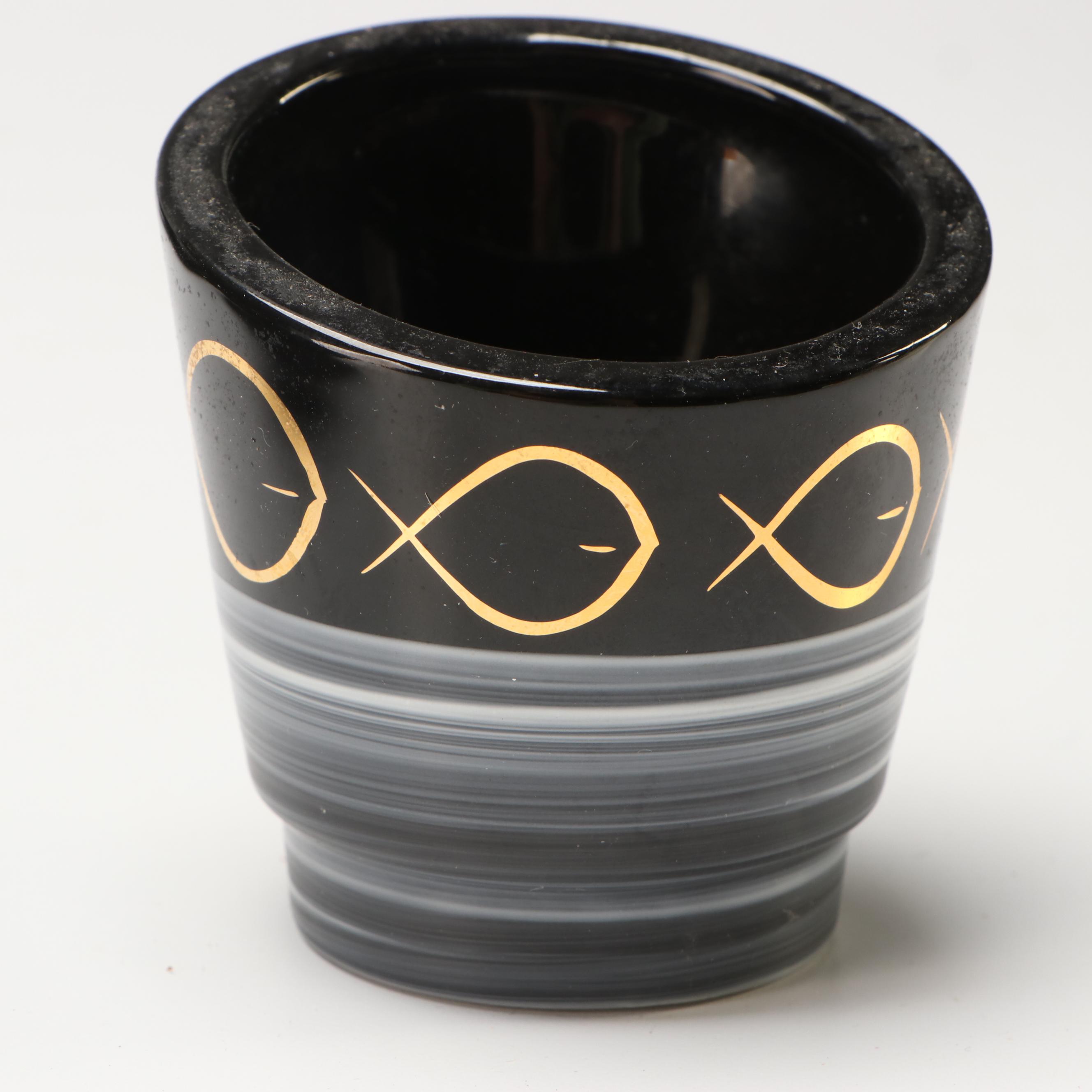 Hollywood Regency Style Black and Gold Ceramic Ashtrays and Table Lighter