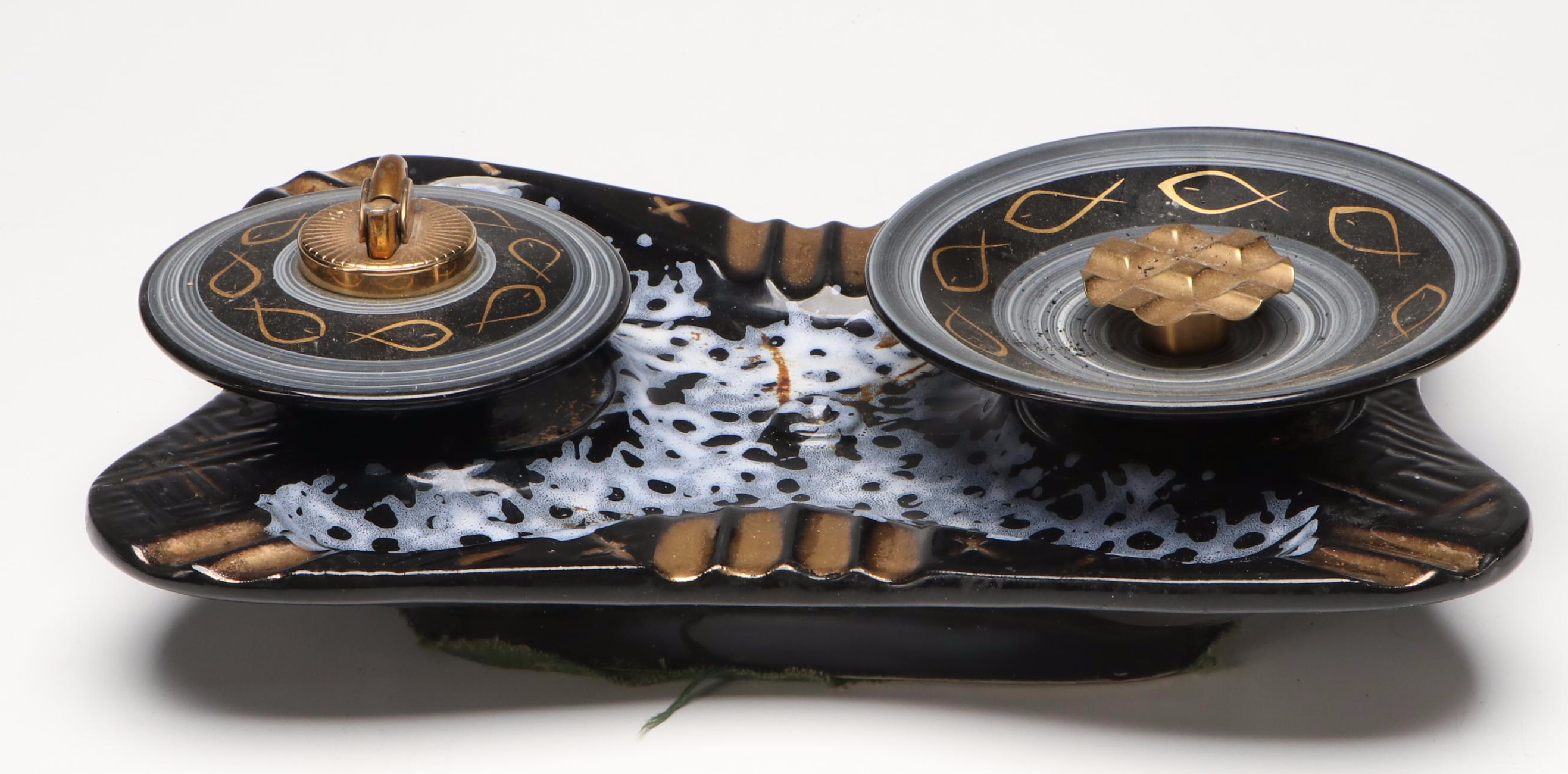 Hollywood Regency Style Black and Gold Ceramic Ashtrays and Table Lighter