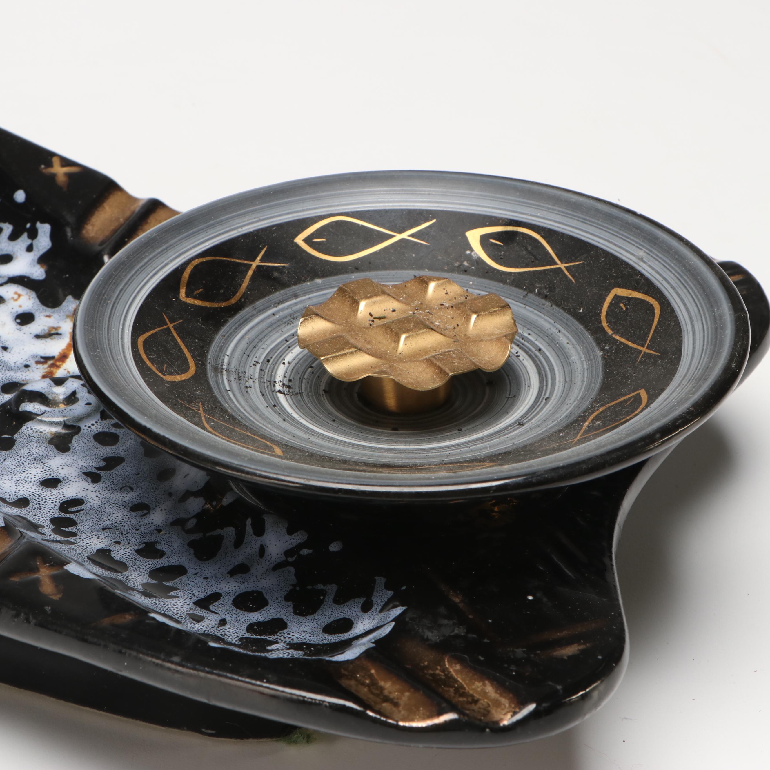 Hollywood Regency Style Black and Gold Ceramic Ashtrays and Table Lighter