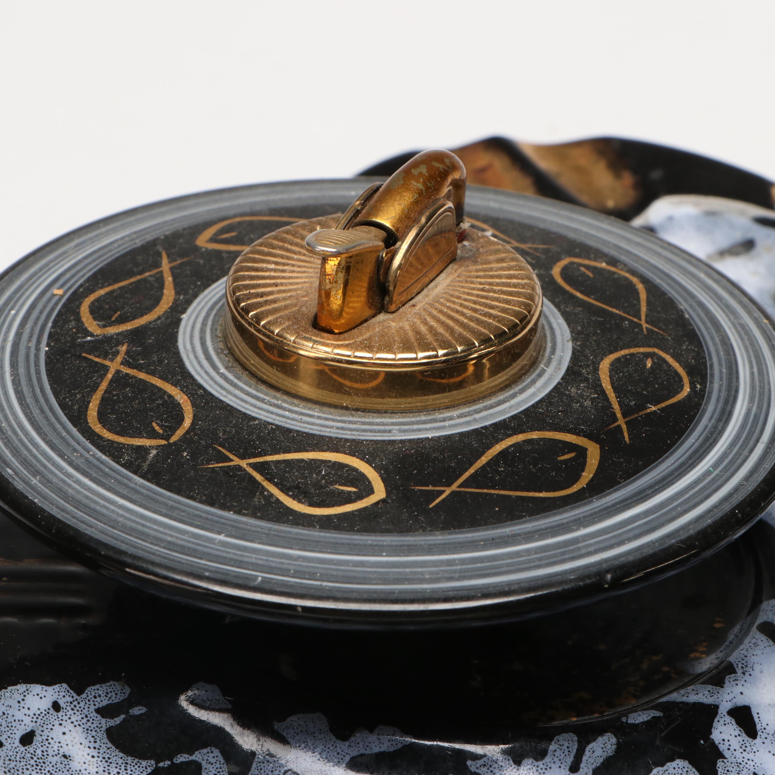 Hollywood Regency Style Black and Gold Ceramic Ashtrays and Table Lighter