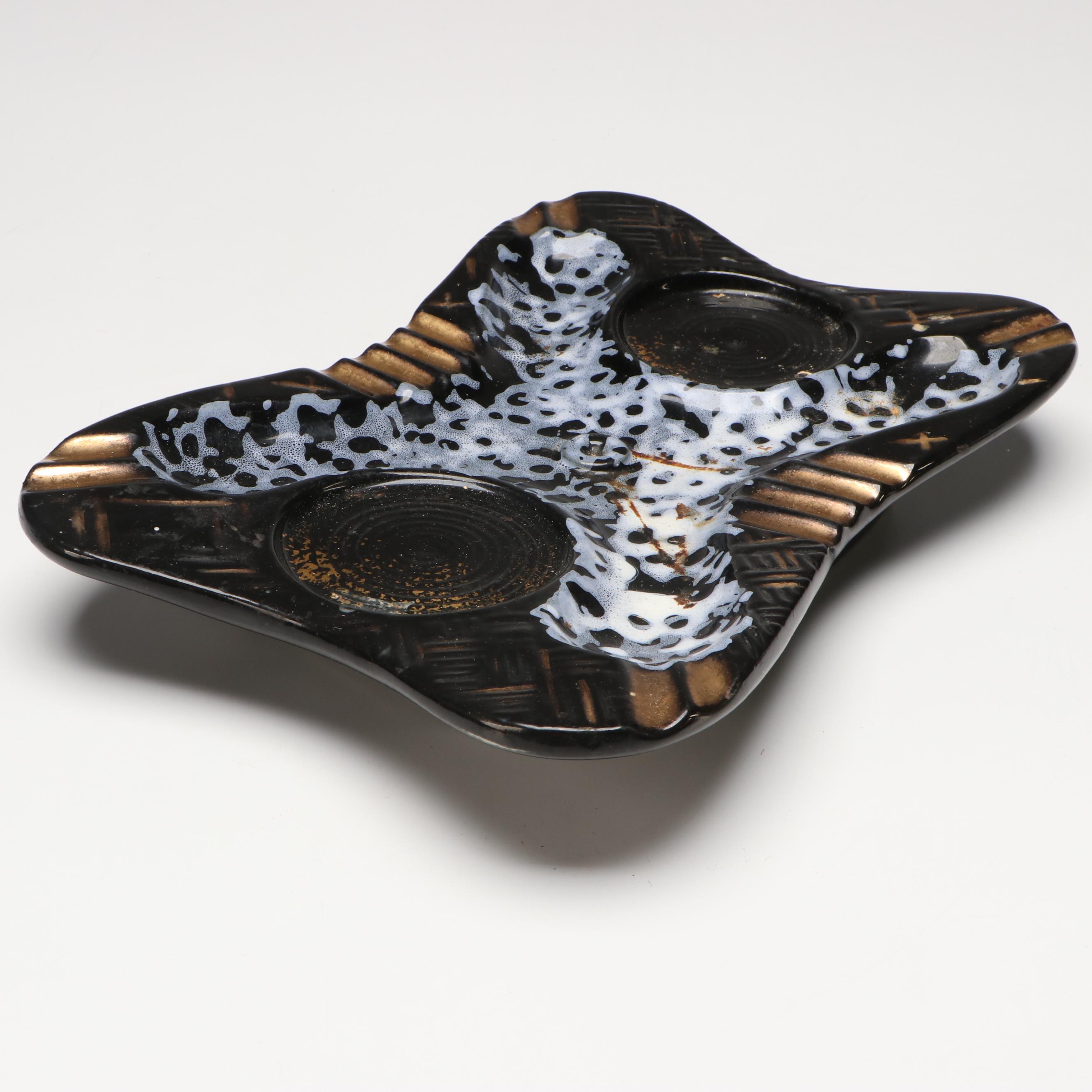 Hollywood Regency Style Black and Gold Ceramic Ashtrays and Table Lighter