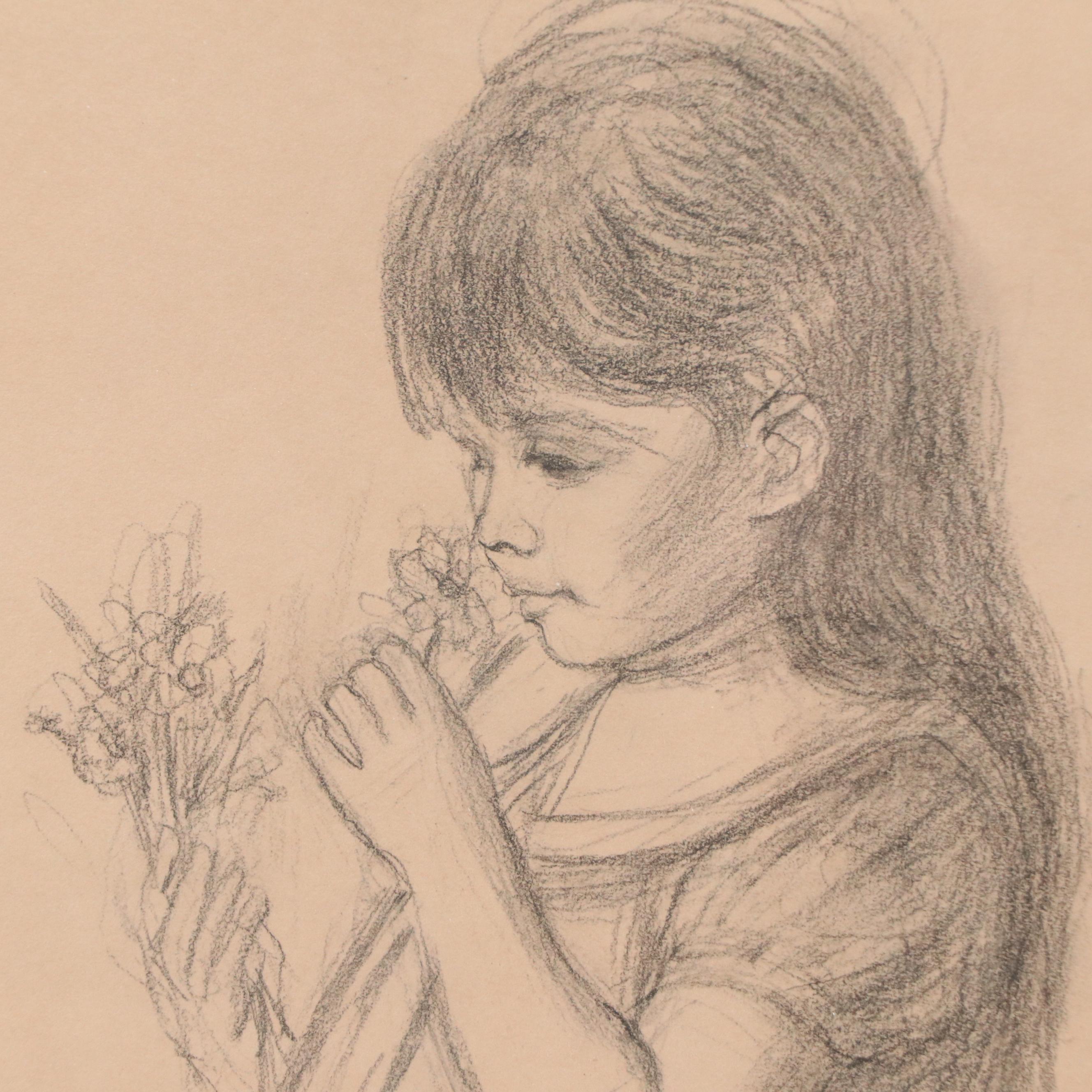 Floyd Berg Graphite Drawing of Girl with Flowers, 20th Century