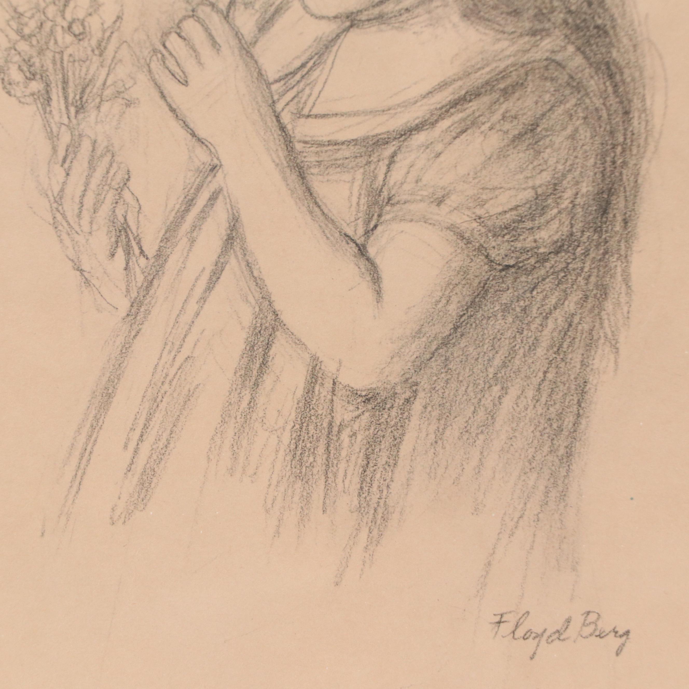 Floyd Berg Graphite Drawing of Girl with Flowers, 20th Century
