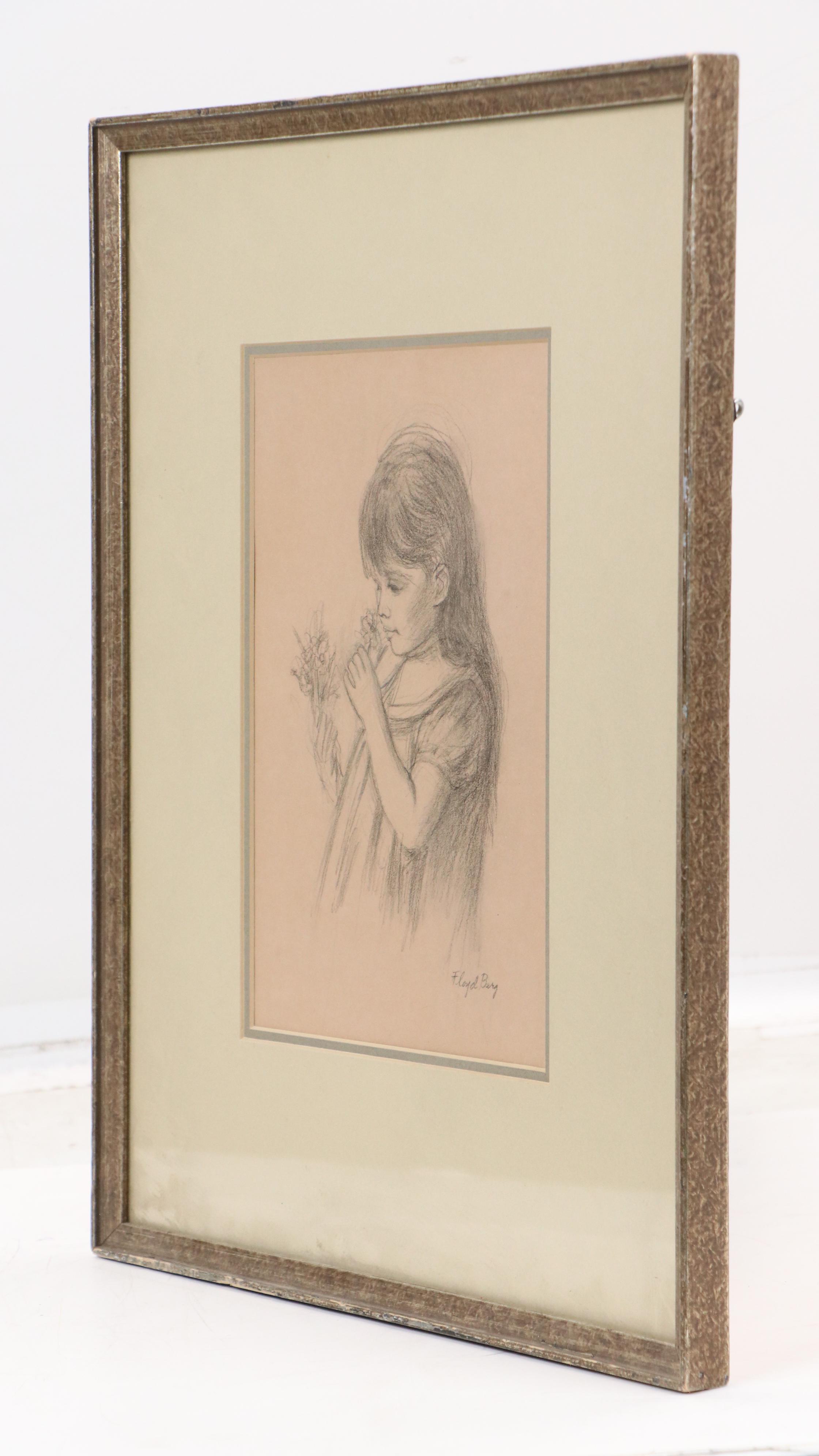 Floyd Berg Graphite Drawing of Girl with Flowers, 20th Century