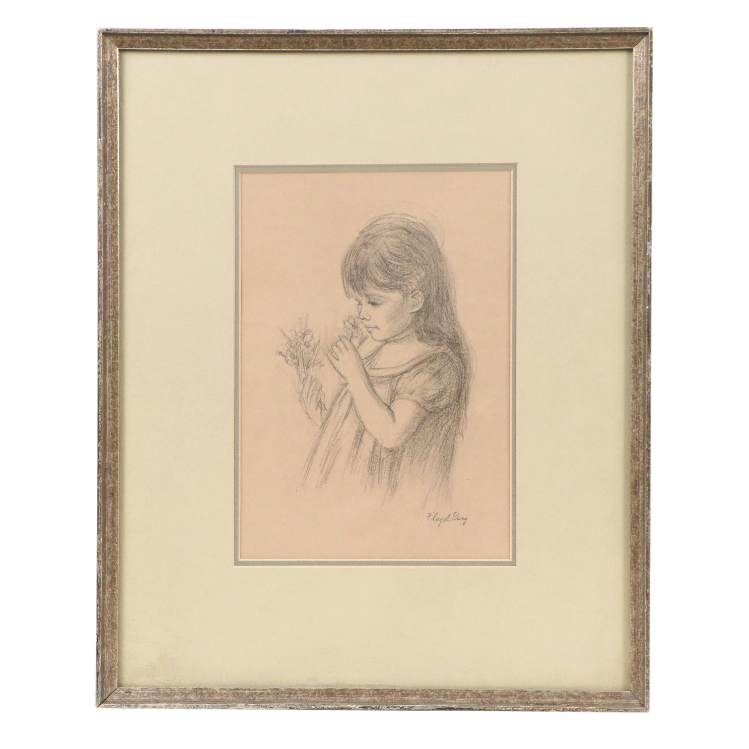 Floyd Berg Graphite Drawing of Girl with Flowers, 20th Century