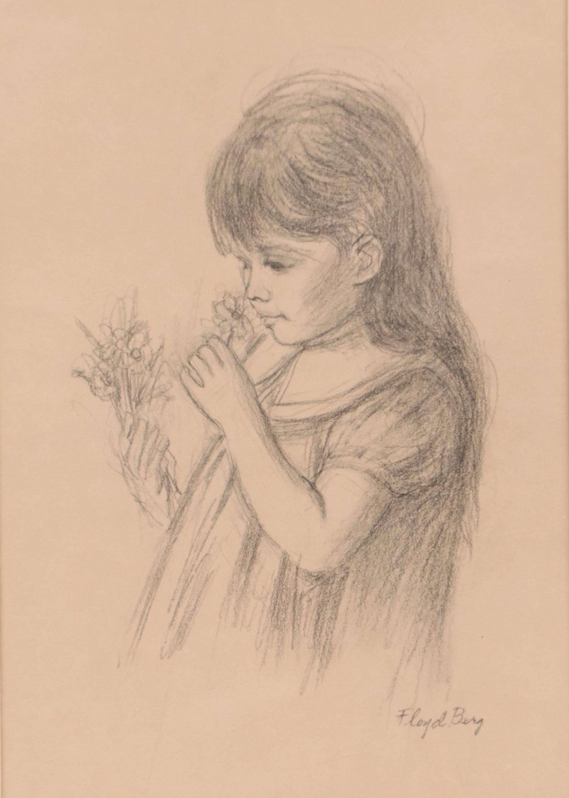 Floyd Berg Graphite Drawing of Girl with Flowers, 20th Century