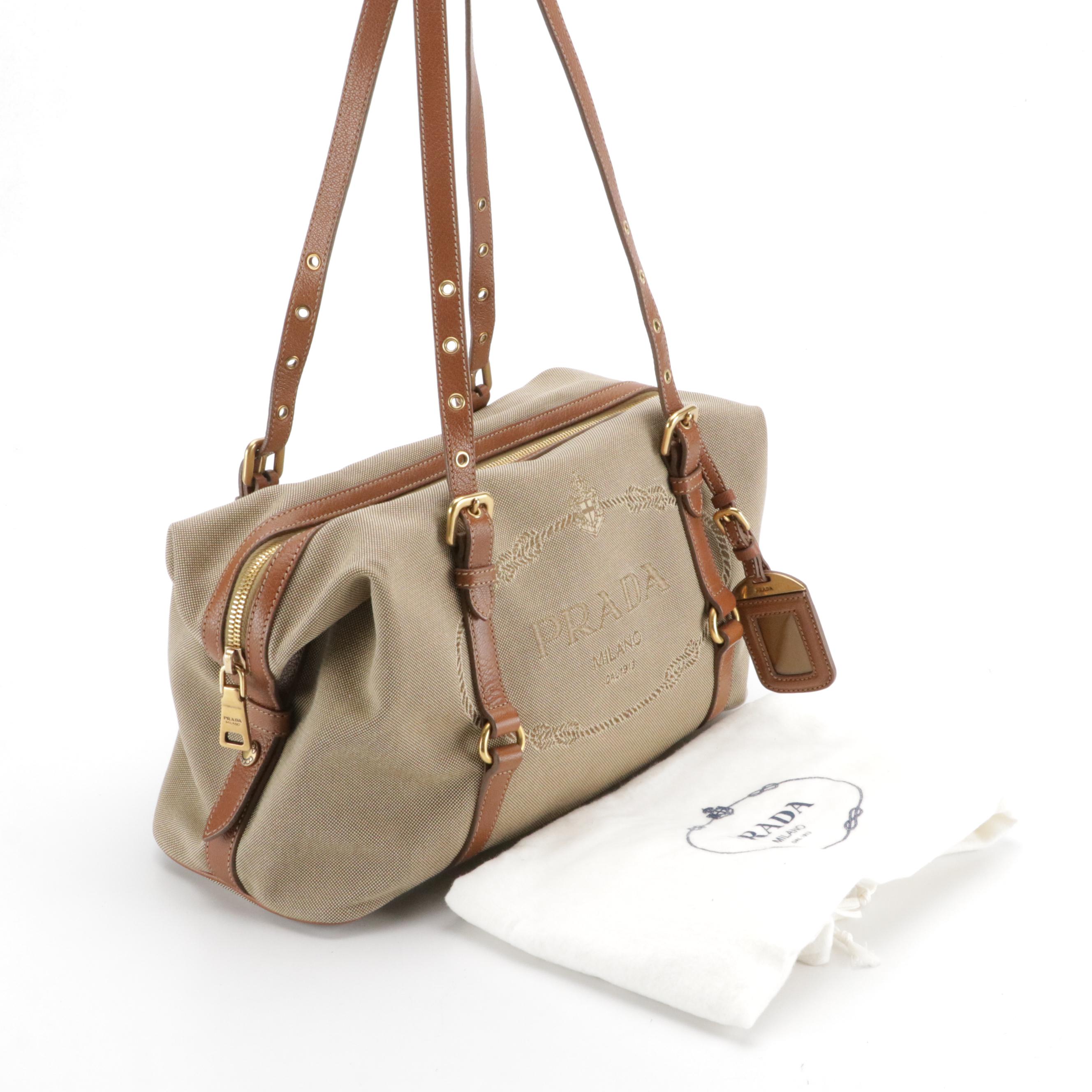 Prada Canapa Logo Jacquard and Leather Shoulder Bag