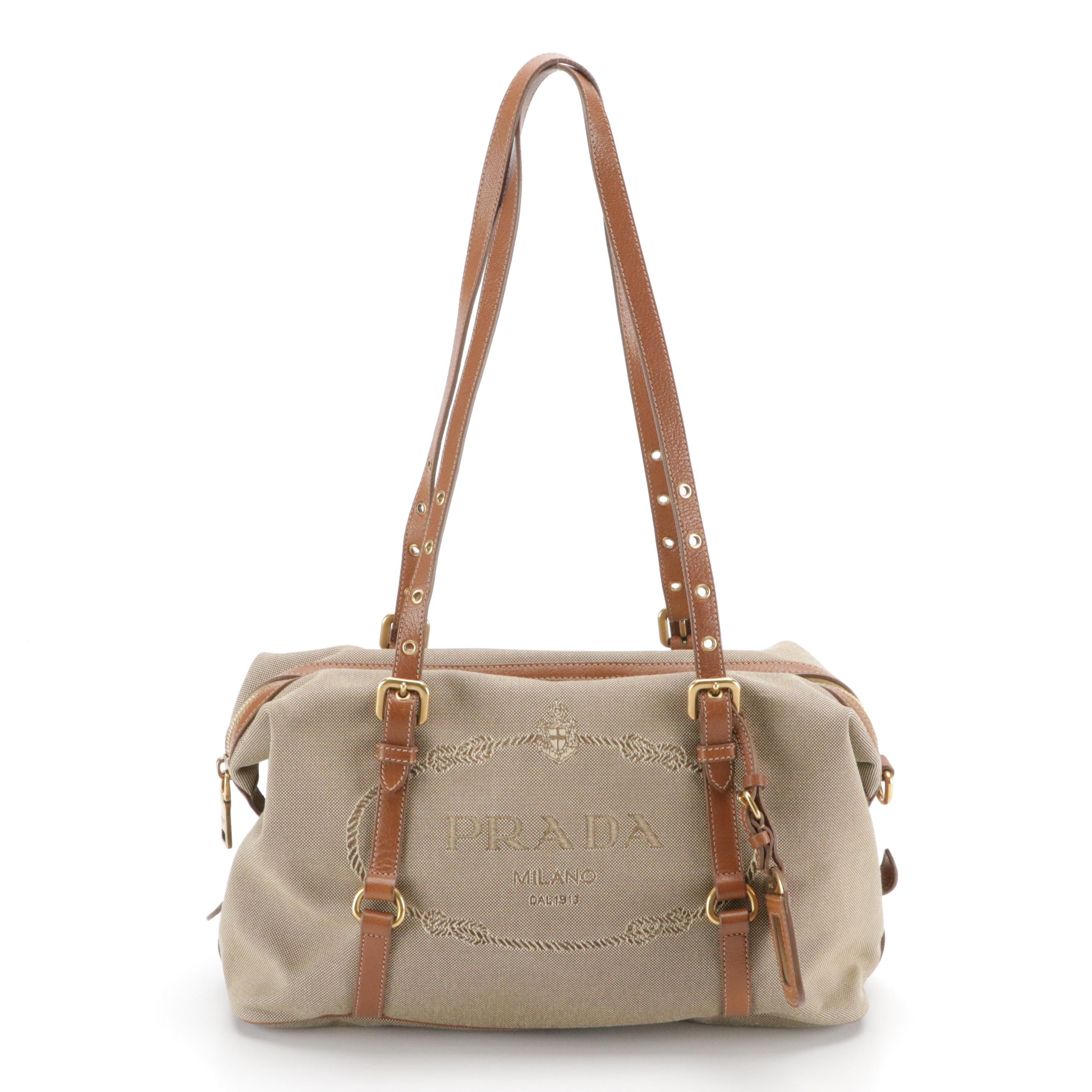 Prada Canapa Logo Jacquard and Leather Shoulder Bag