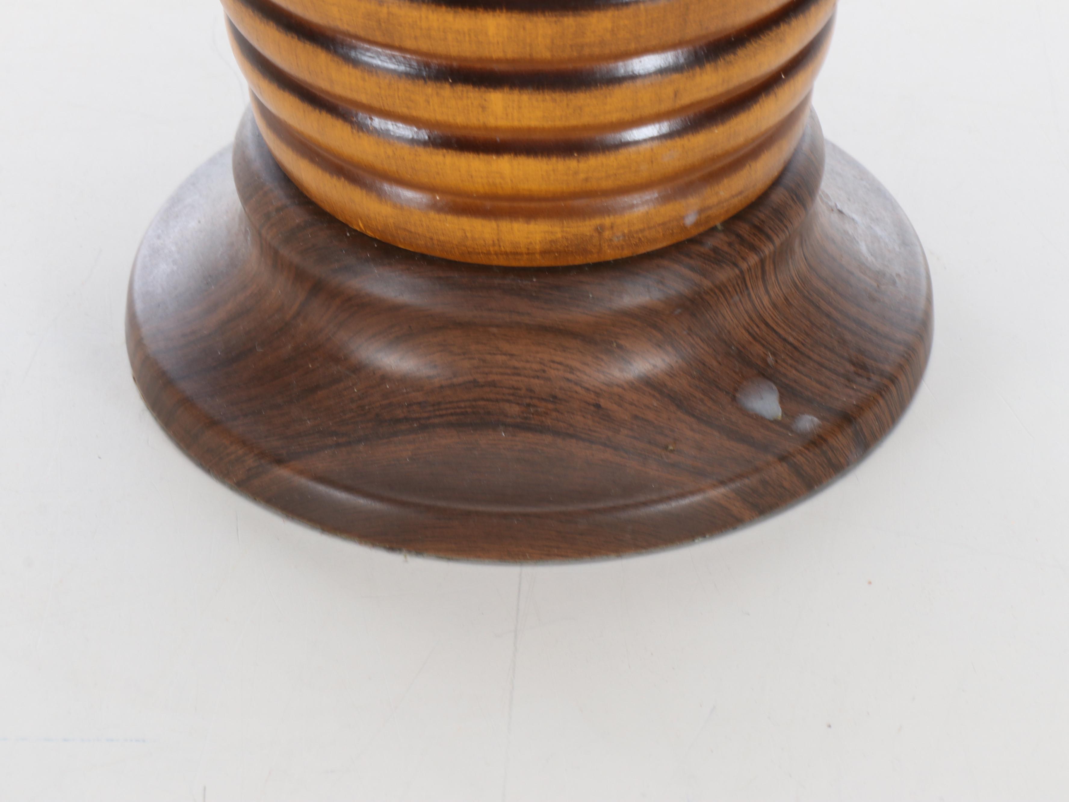 MCM Style Walnut Finish Carved Table Lamp with Drum Shade