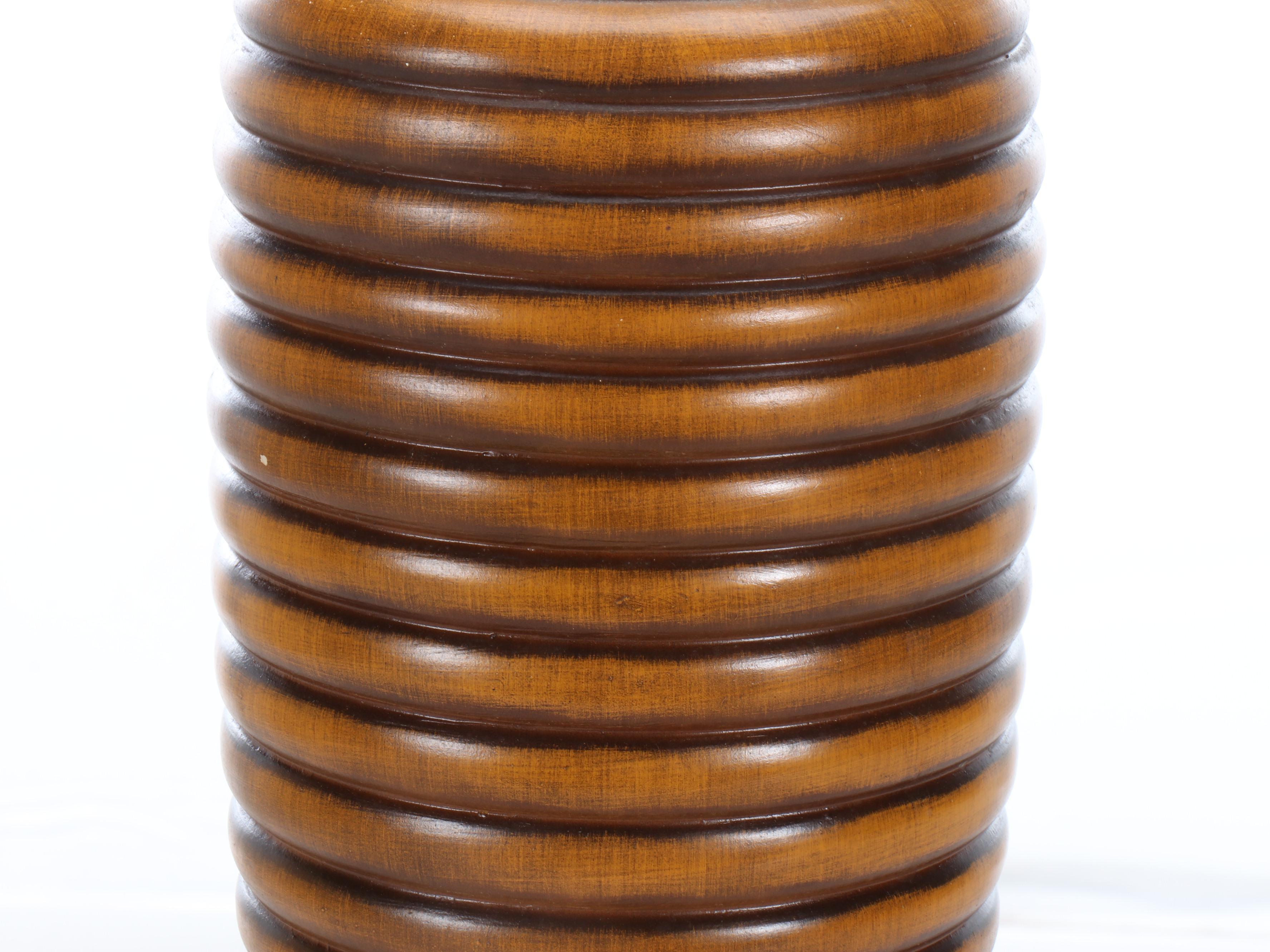 MCM Style Walnut Finish Carved Table Lamp with Drum Shade