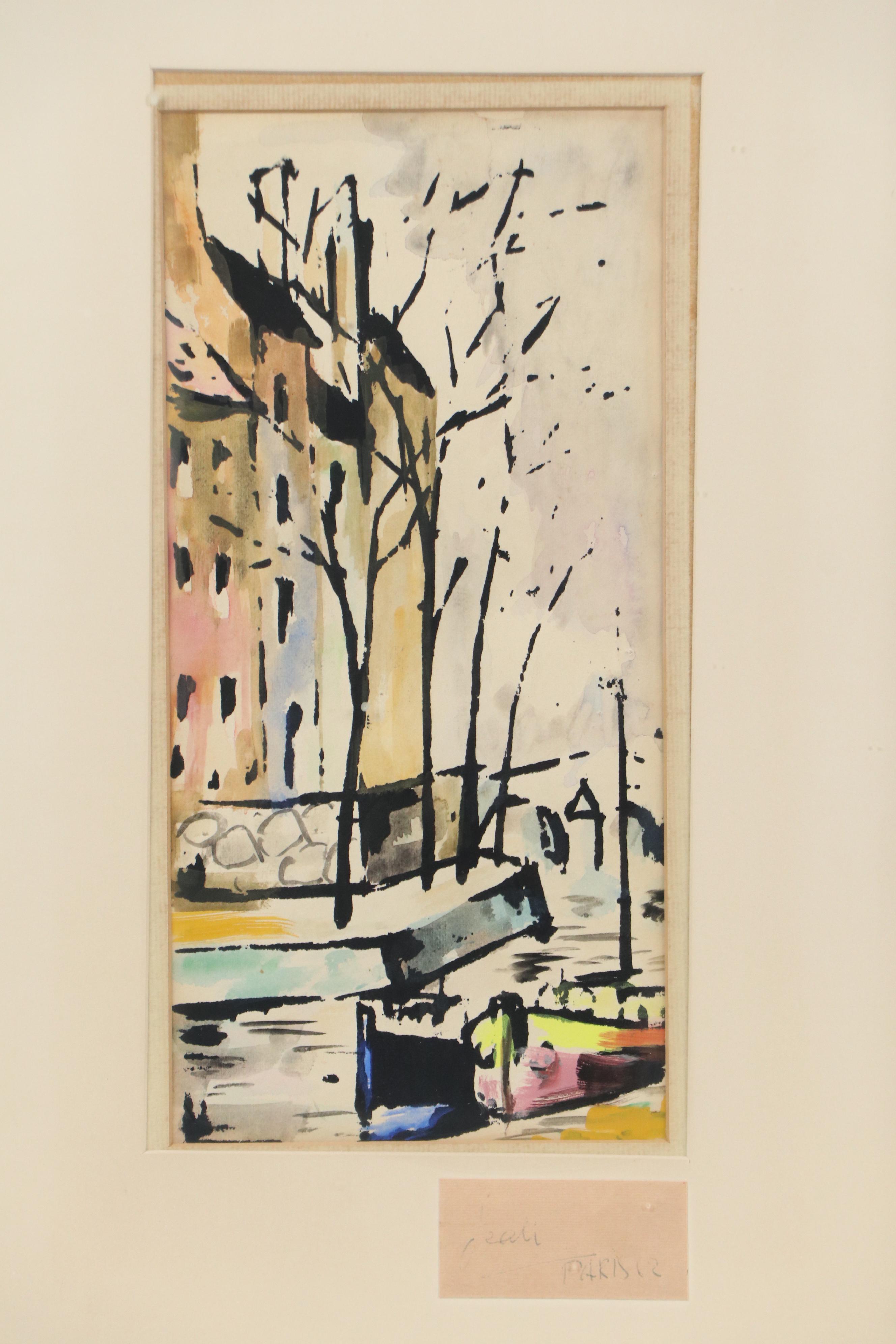Modern Style Watercolor Painting of Parisian Boat Scene, 1962