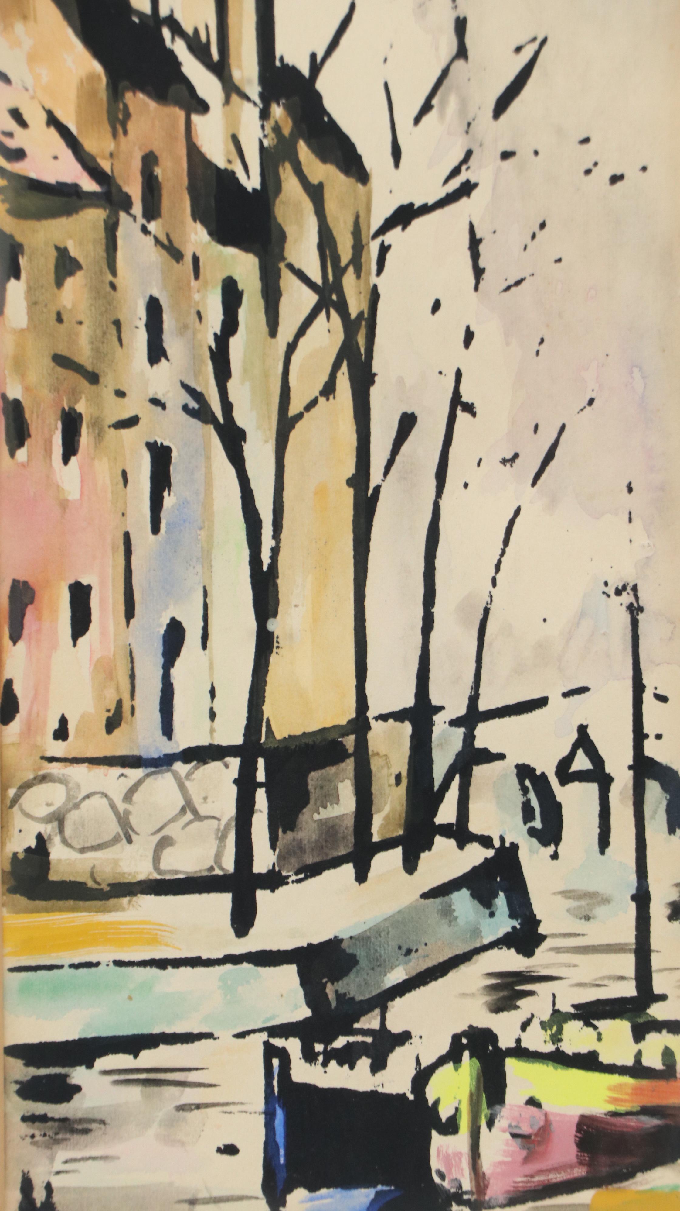 Modern Style Watercolor Painting of Parisian Boat Scene, 1962