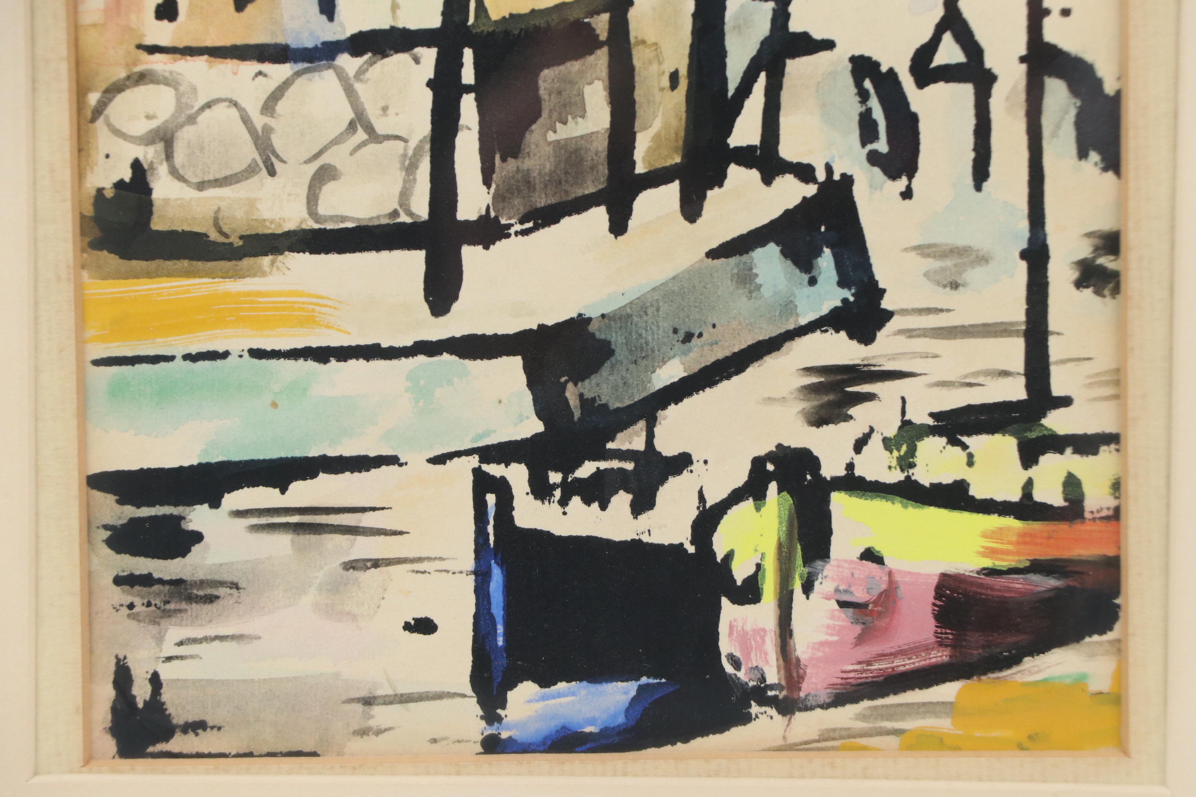 Modern Style Watercolor Painting of Parisian Boat Scene, 1962